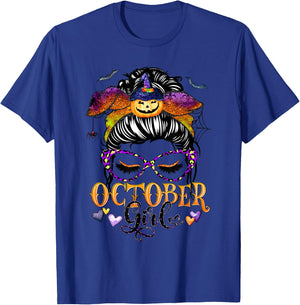 October Girl Halloween Messy Bun Lady Hair Glasses Leopard T-Shirt - T-Shirt | Royal