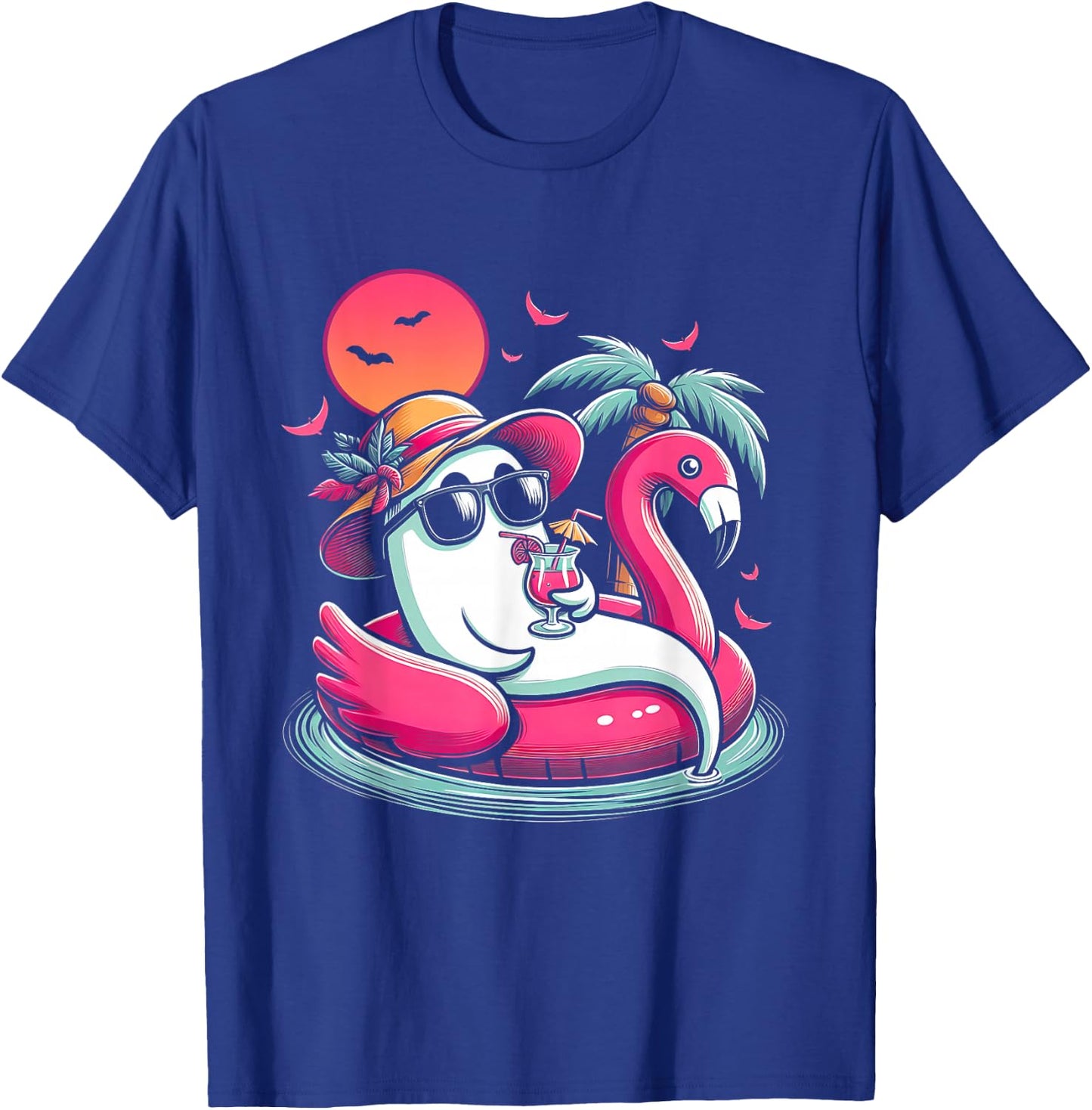 Ghost In Lifebuoy Flamingo On A Pool Float Summer ween T-Shirt - T-Shirt | Royal