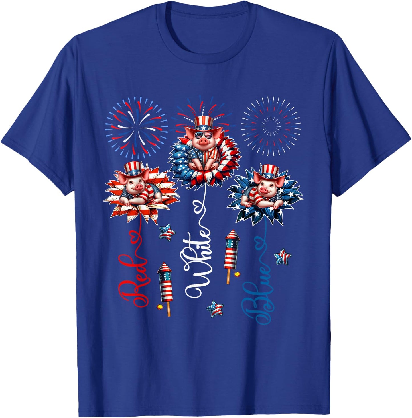 Red Blue White Three Cute Pigs On Floral 4th July Patriotic T-Shirt - T-Shirt | Royal