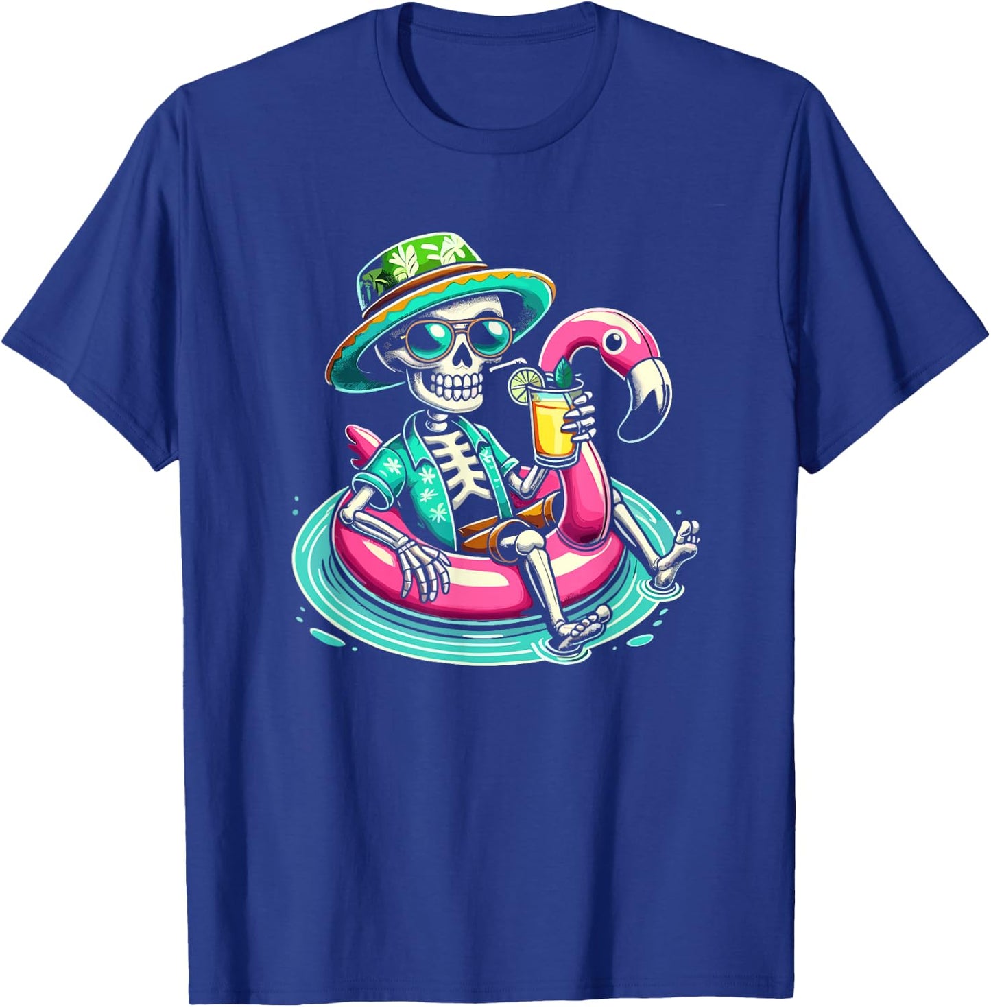 Skeleton Relaxing On Flamingo Float Beach Vibes Halloween Women Kids T-Shirt - T-Shirt | Royal