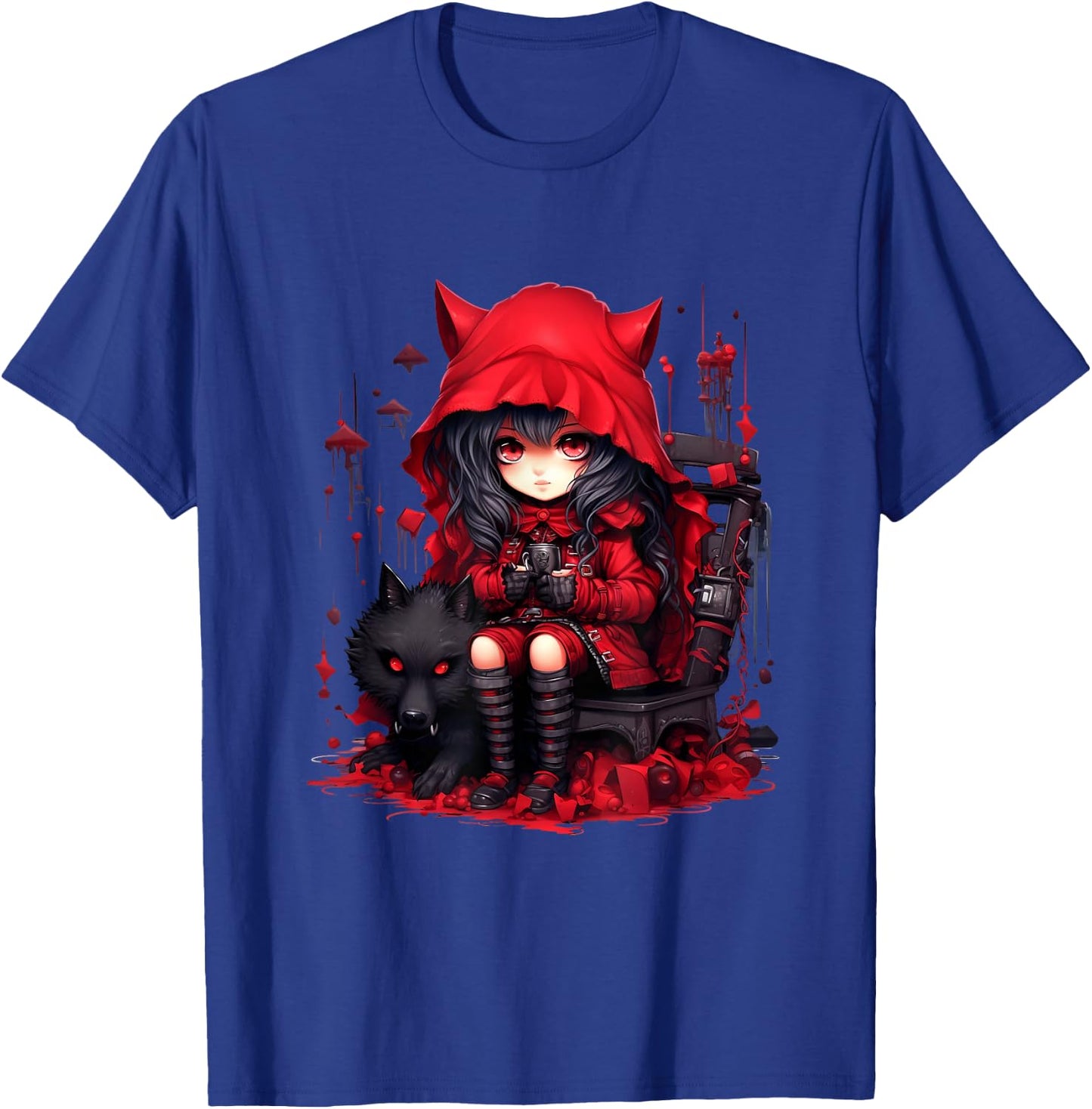 Chibi Little Red Riding Hood and Bad Wolf | Anime Kawaii Style , Black T-Shirt - T-Shirt | Royal