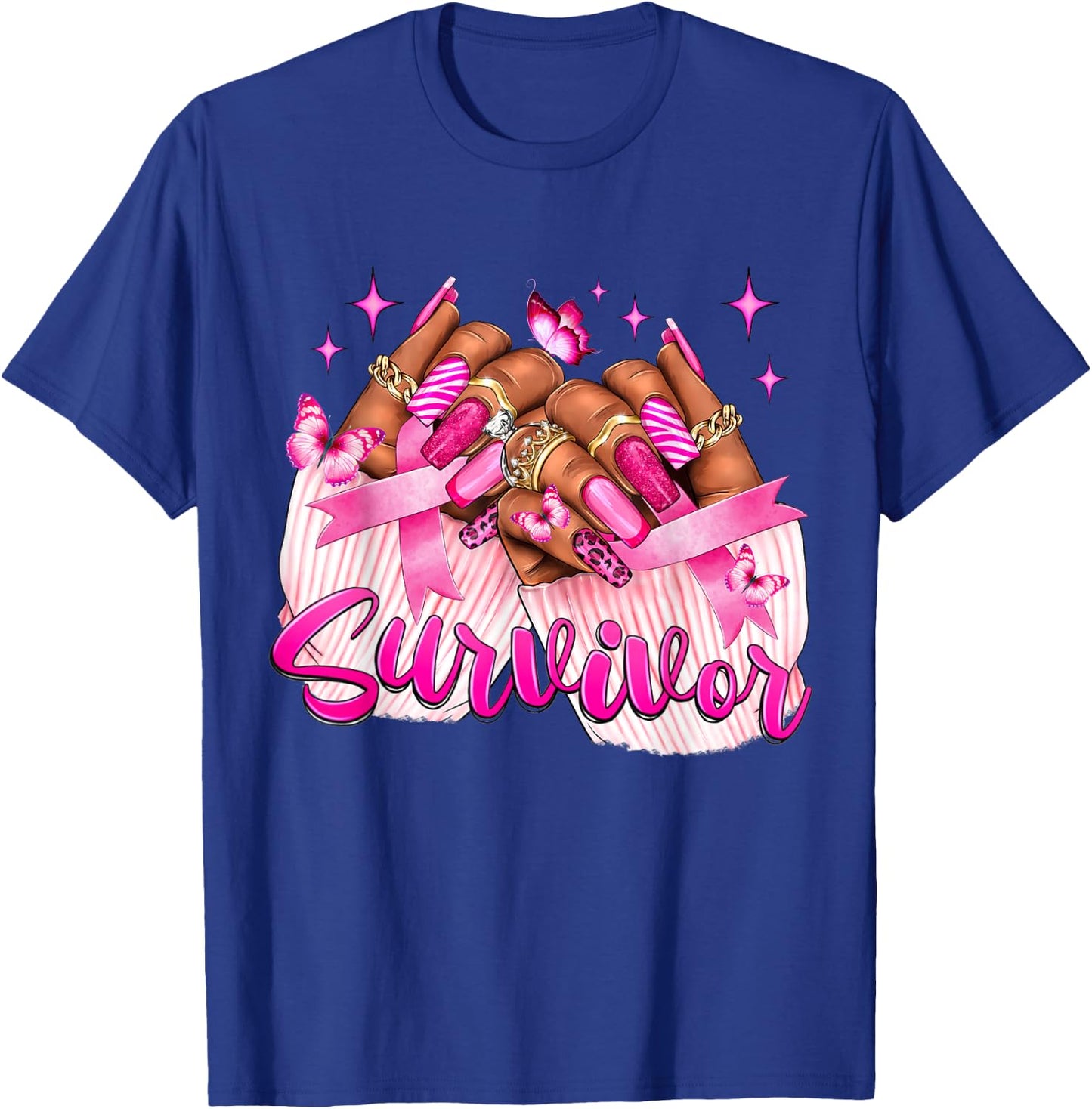 Breast Cancer Survivor Awareness Black Woman Nails Pink T-Shirt - T-Shirt | Royal