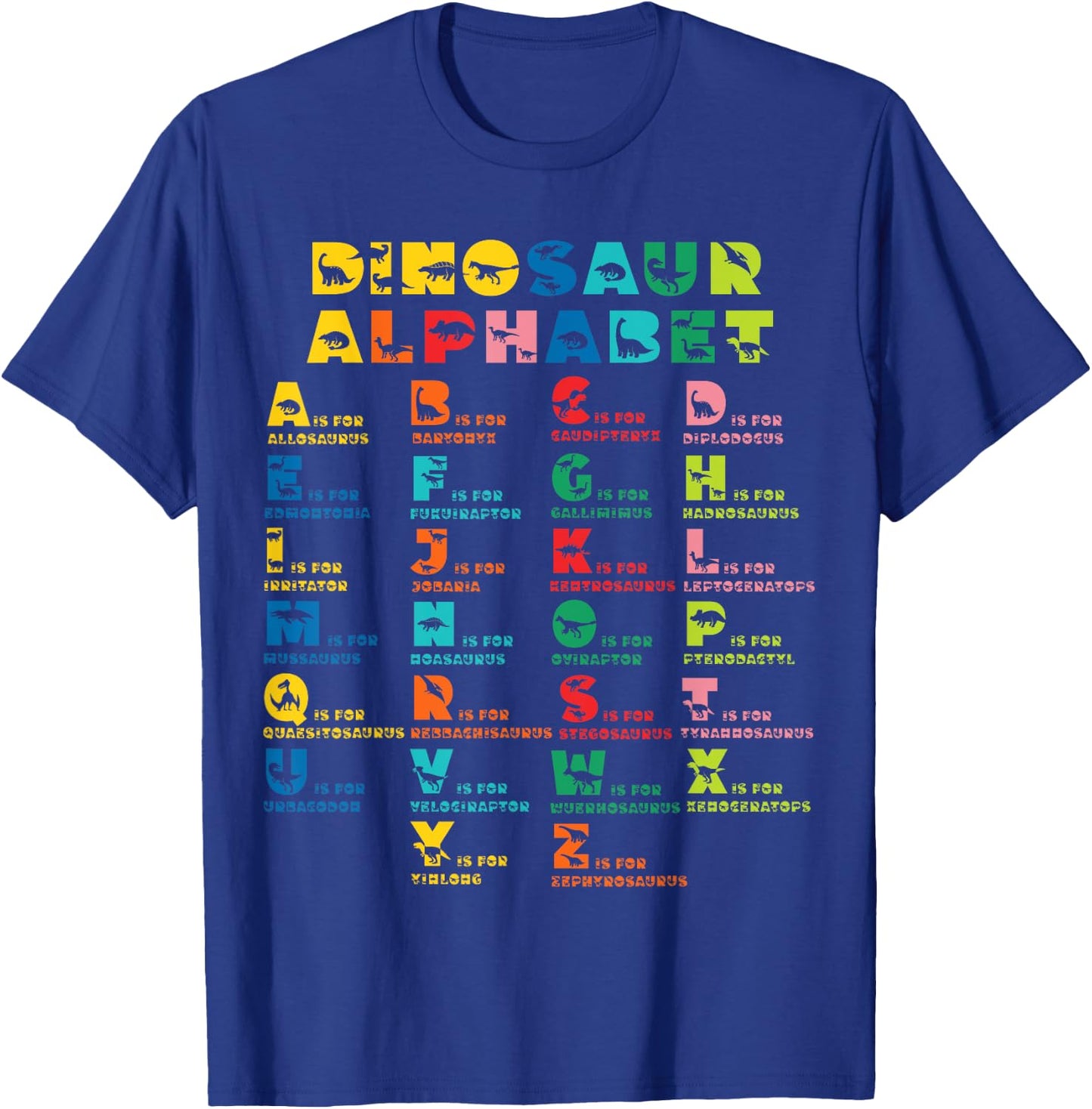 Types Of Dinosaurs Alphabet A-Z ABC Dino Identification kids T-Shirt - T-Shirt | Royal