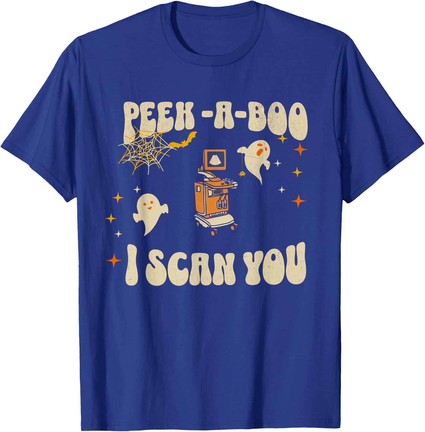 Retro Ultrasound Peek-A-Boo Halloween Ghost Sonography Crew T-Shirt - T-Shirt | Royal