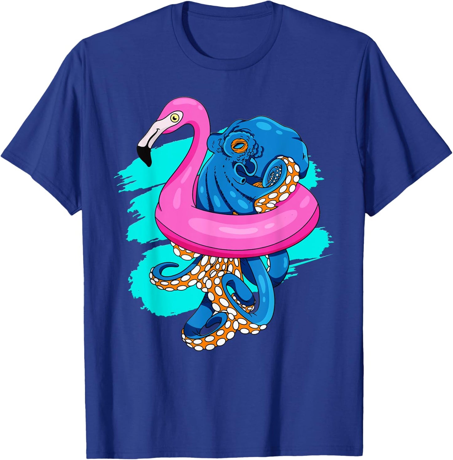 Blue Octopus In Pink Flamingo Swimming Pool Fun Octopus T-Shirt - T-Shirt | Royal