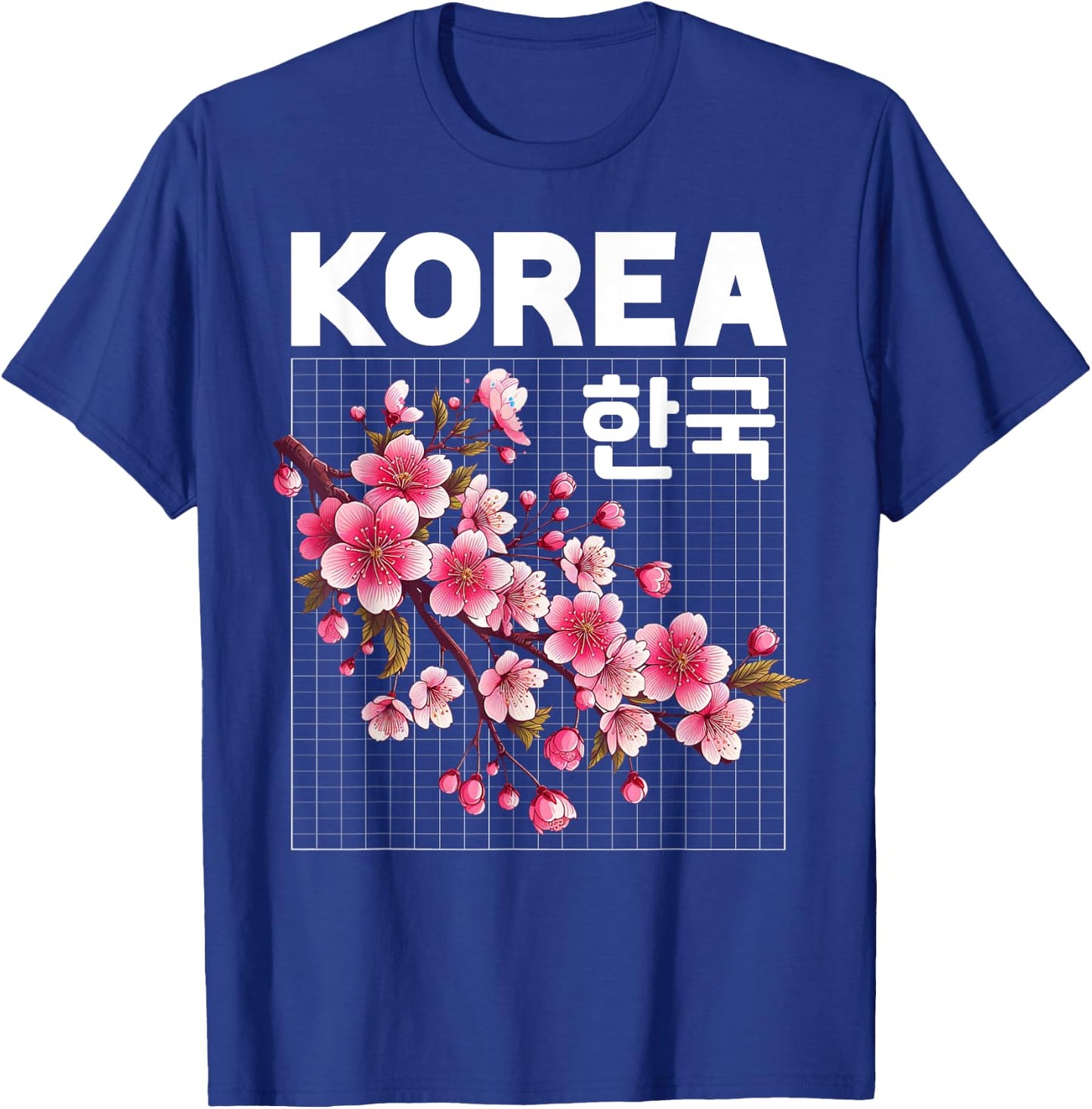 Korea Cherry Blossom Flowers Hangul Letters Grid Aesthetic T-Shirt - T-Shirt | Royal