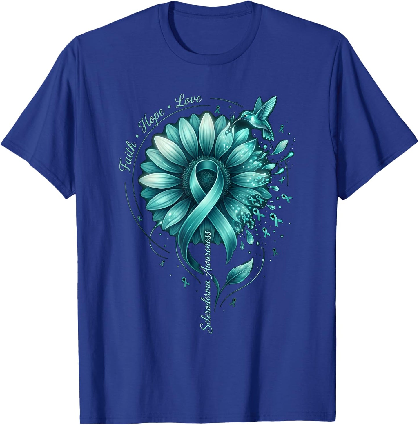 Teal Ribbon Hummingbird Scleroderma Awareness Sunflower T-Shirt - T-Shirt | Royal