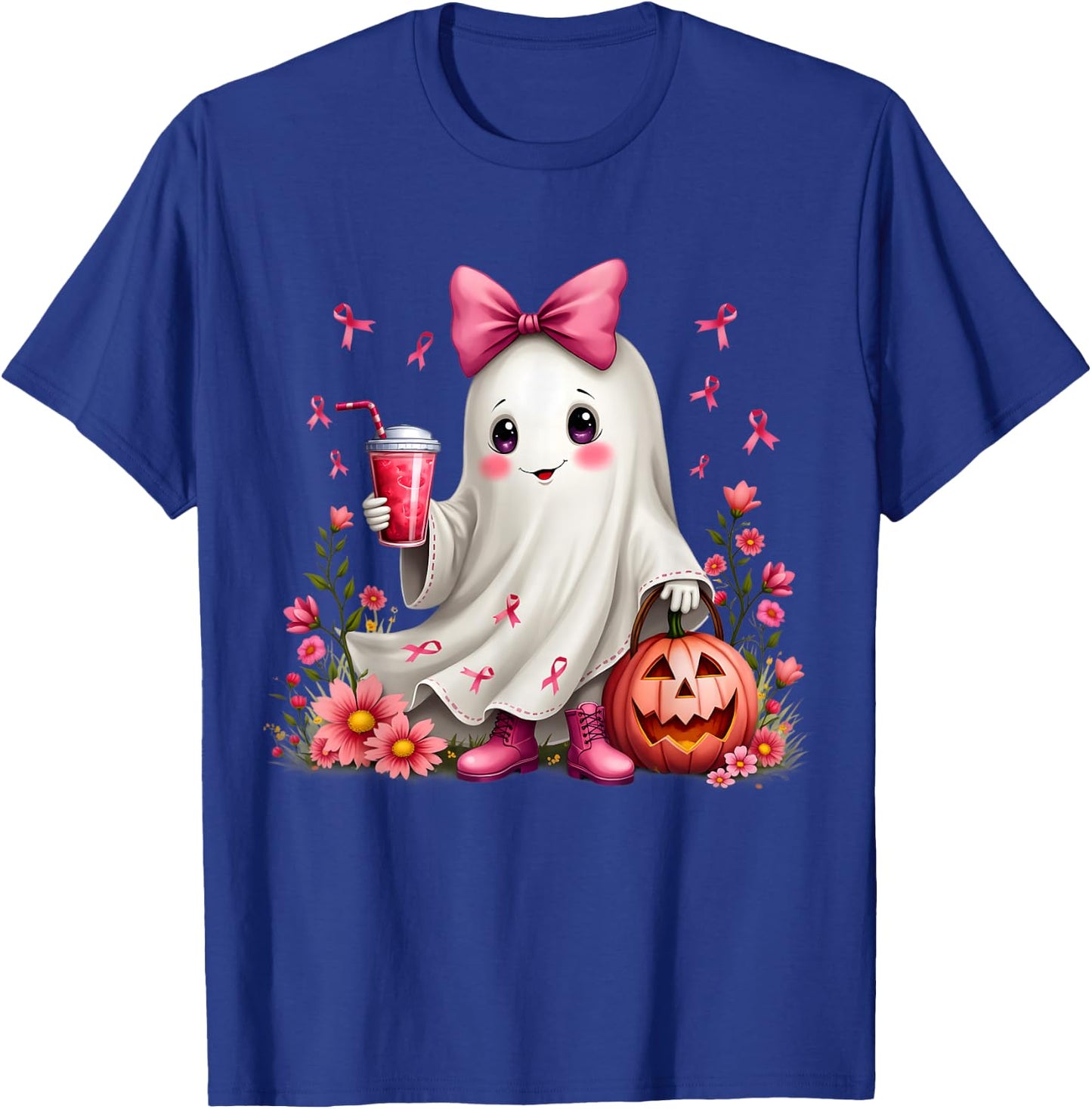 In October We Wear Pink Ghost Breast Cancer Awareness T-Shirt - T-Shirt | Royal