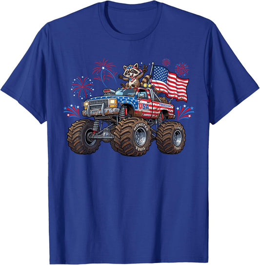 Monster Truck Raccoon USA Patriotic Shirt Men 4th of July T-Shirt - T-Shirt | Royal