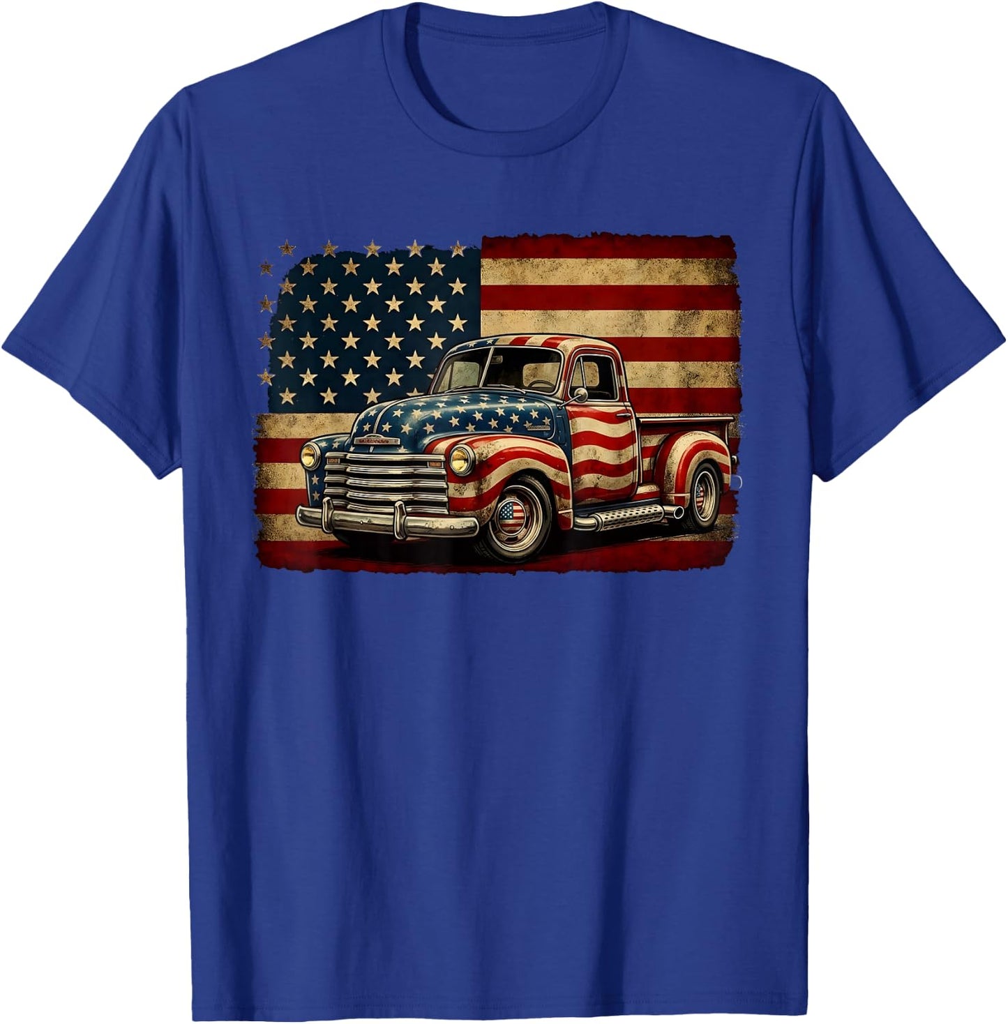 Classic Old Pickup Truck 4th of July Patriotic American Flag T-Shirt - T-Shirt | Royal