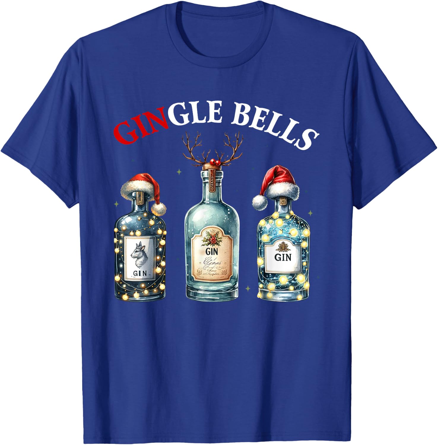 Gingle Bells Gin Christmas Lovers Reindeer Antlers Gin Drink T-Shirt - T-Shirt | Royal