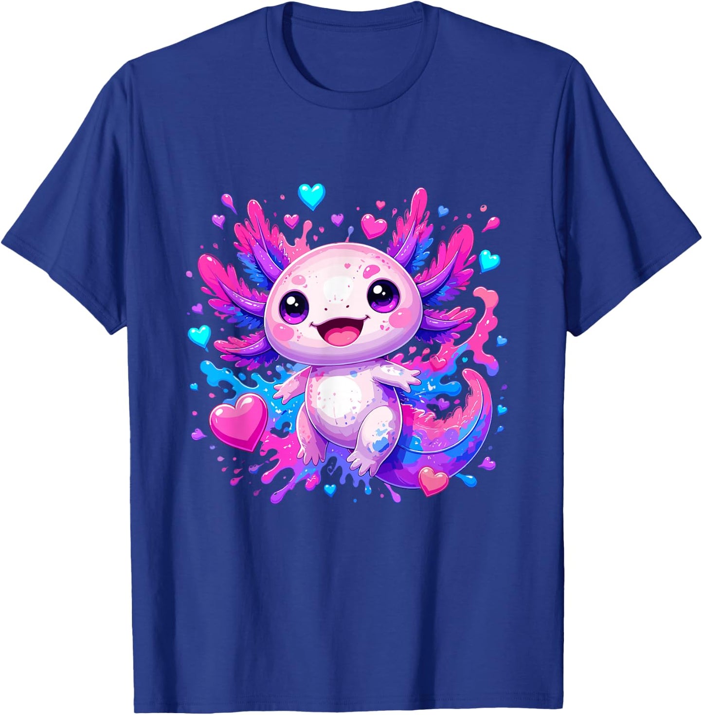 Cute Kawaii Axolotl with Colorful Hearts Splash T-Shirt - T-Shirt | Royal