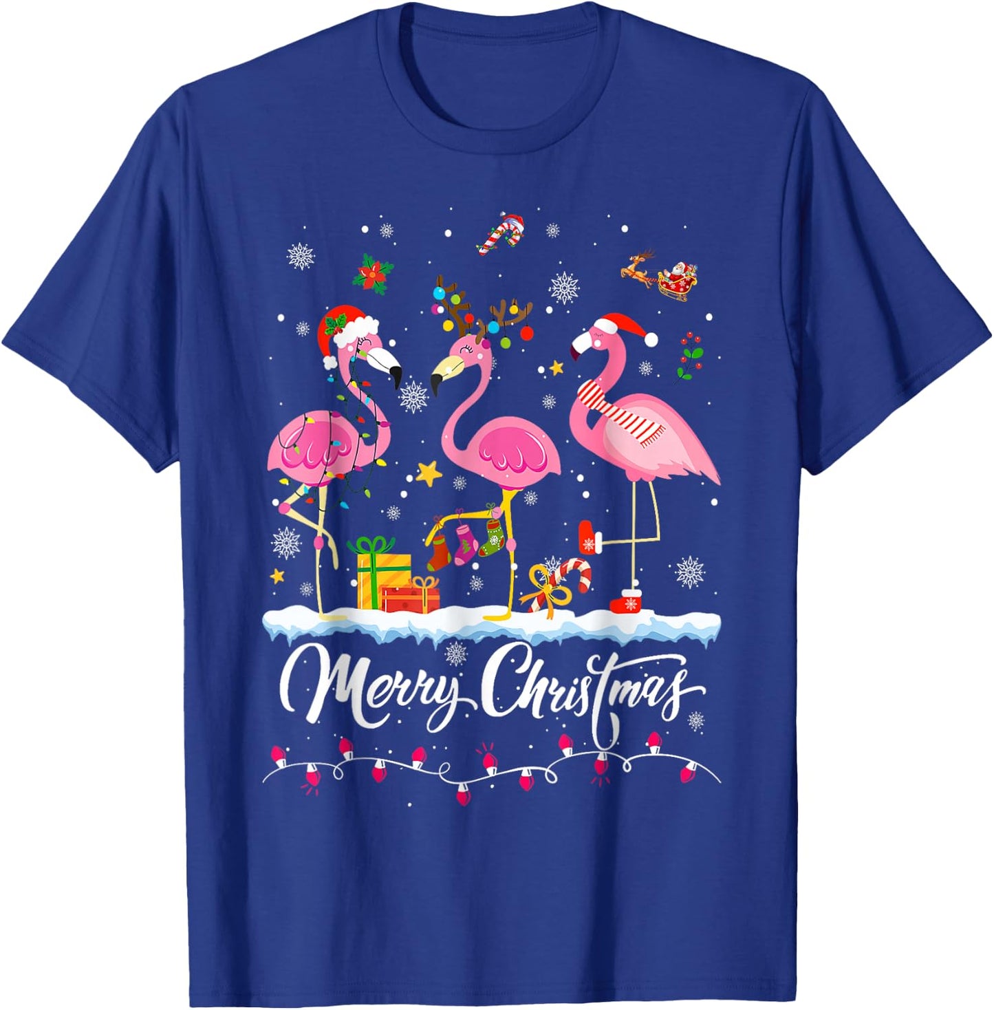 Merry Christmas Hat Santa Flamingo Light Christmas Snow T-Shirt - T-Shirt | Royal