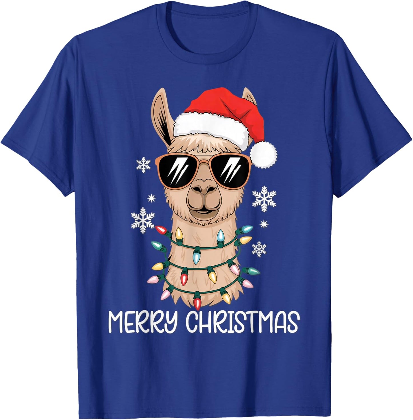 Merry Christmas Santa Llama with Holiday Lights Xmas T-Shirt - T-Shirt | Royal