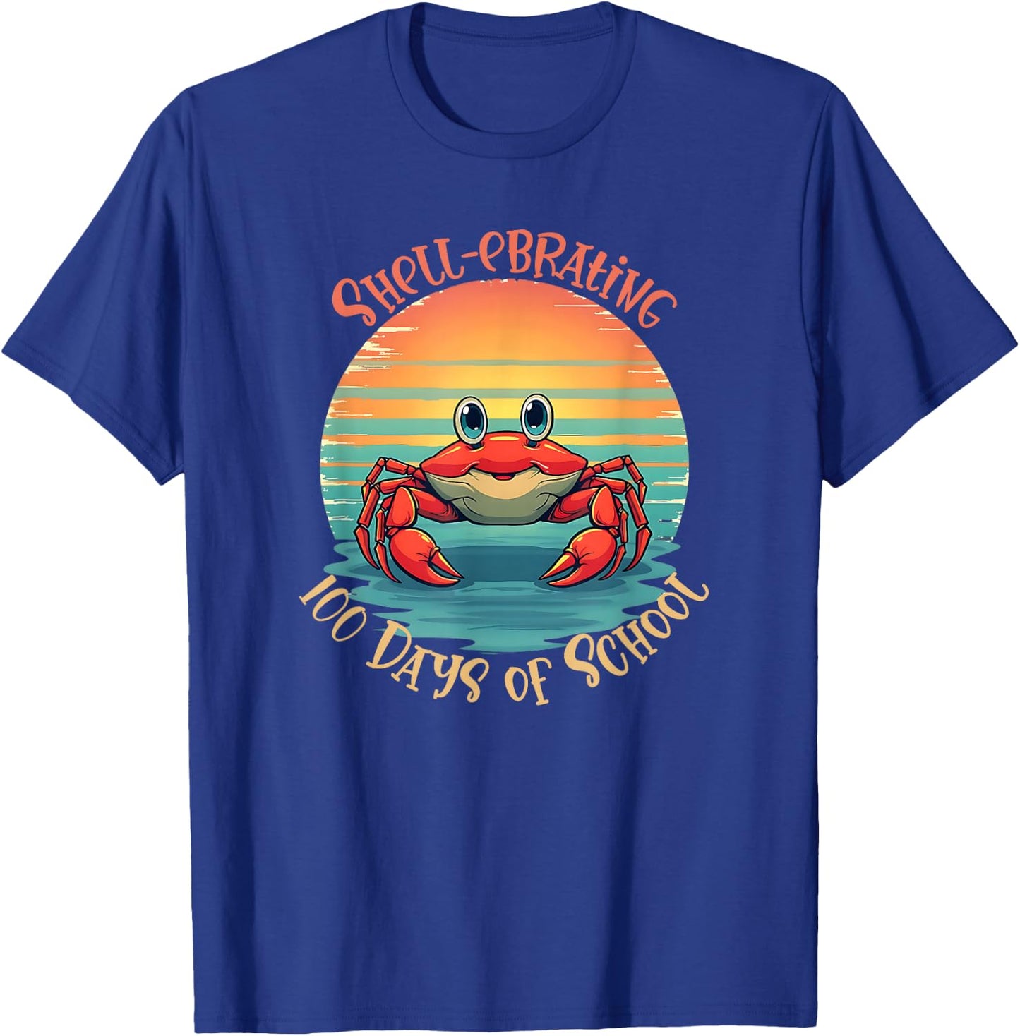 Retro 100 Days of School Crab Vintage Sunset Design T-Shirt - T-Shirt | Royal
