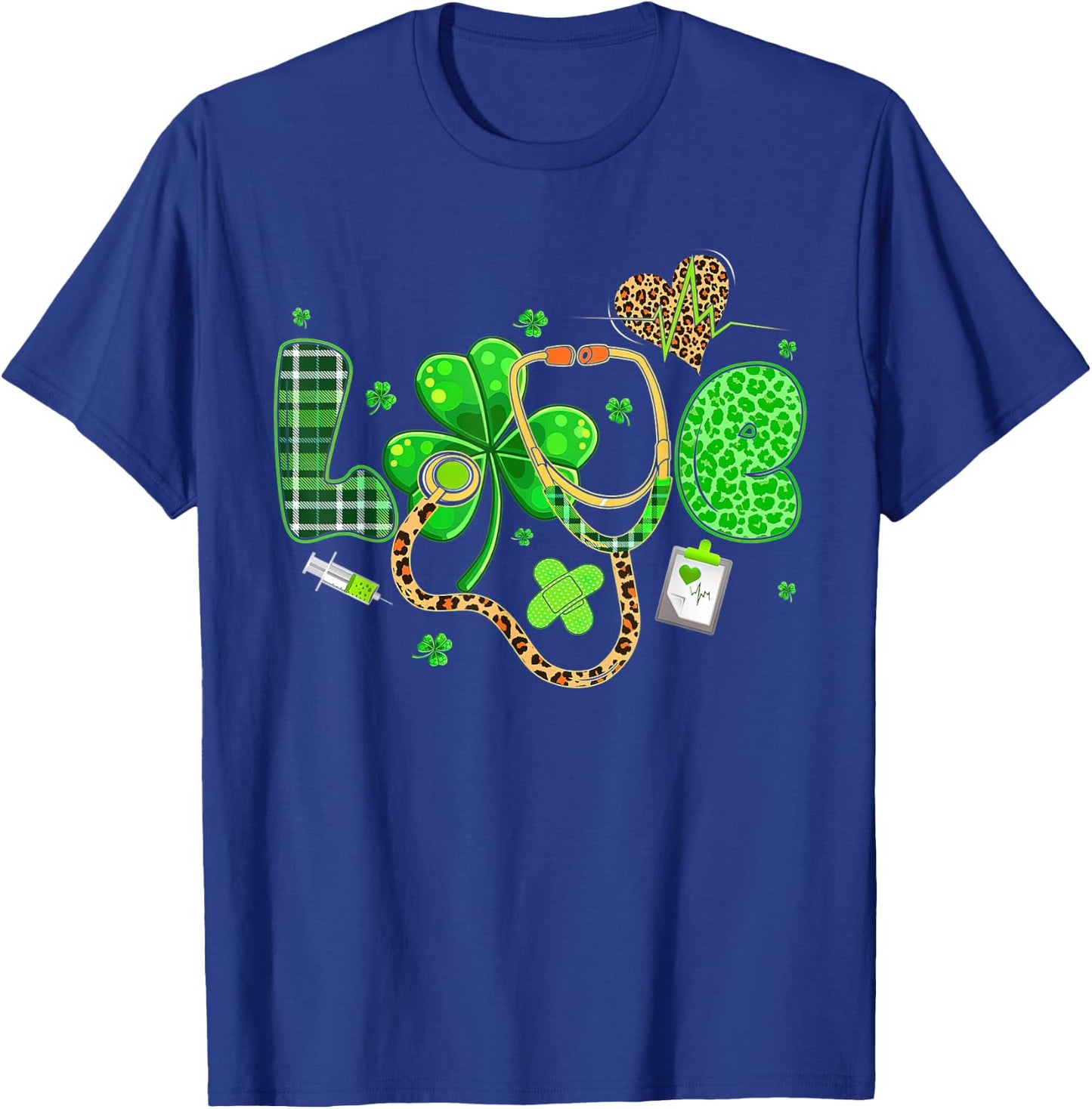LOVE Nurse Leopard Stethoscope Shamrock St Patricks Day T-Shirt - T-Shirt | Royal
