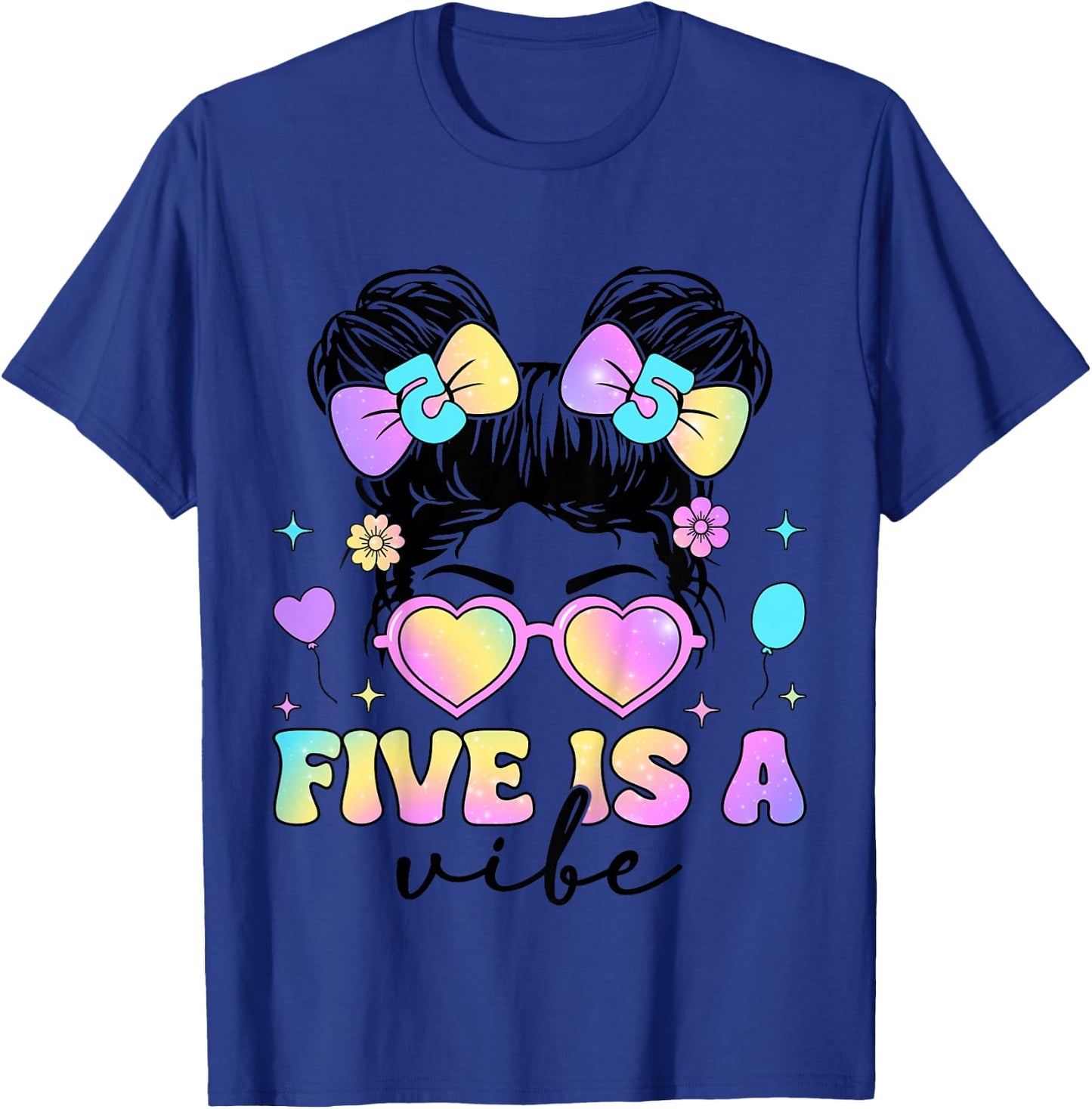 Five Is A Vibe 5th Birthday Messy Bun 5 Year Old Girl T-Shirt - T-Shirt | Royal