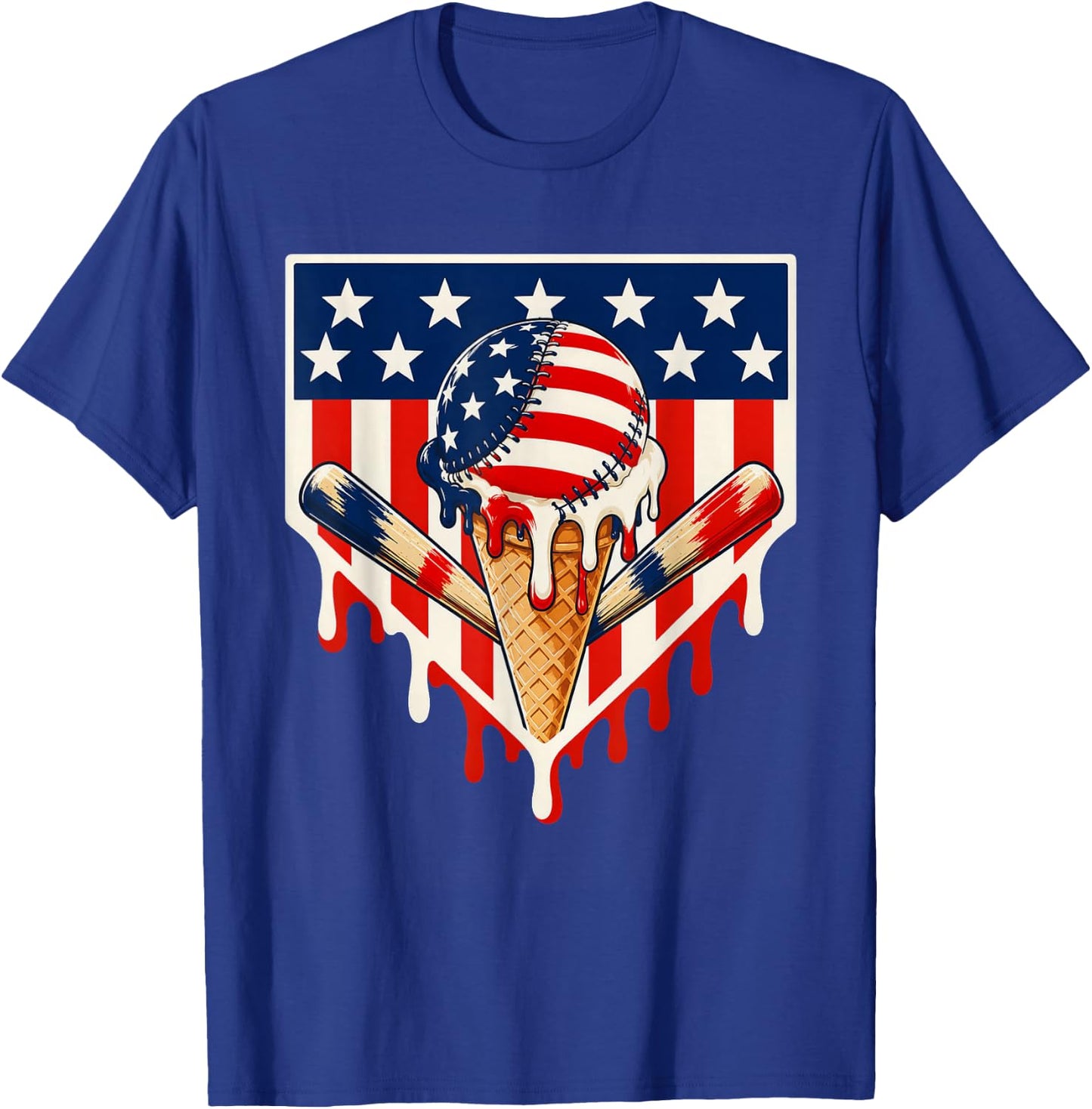 Baseball Ice Cream Drip Crossed Bats USA Flag 4th of July T-Shirt - T-Shirt | Royal