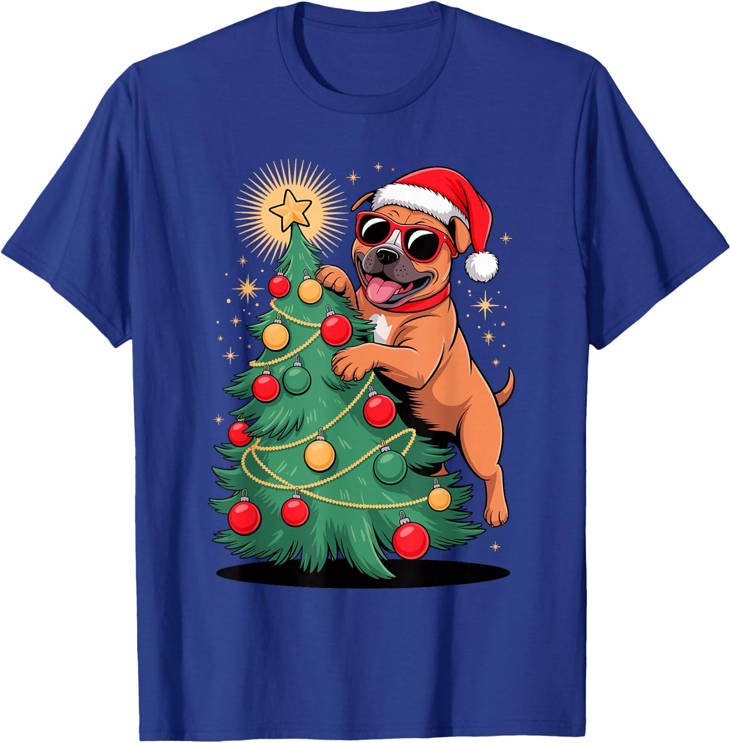 Christmas Tree Staffordshire Bull Terrier Sunglasses Staffy T-Shirt - T-Shirt | Royal
