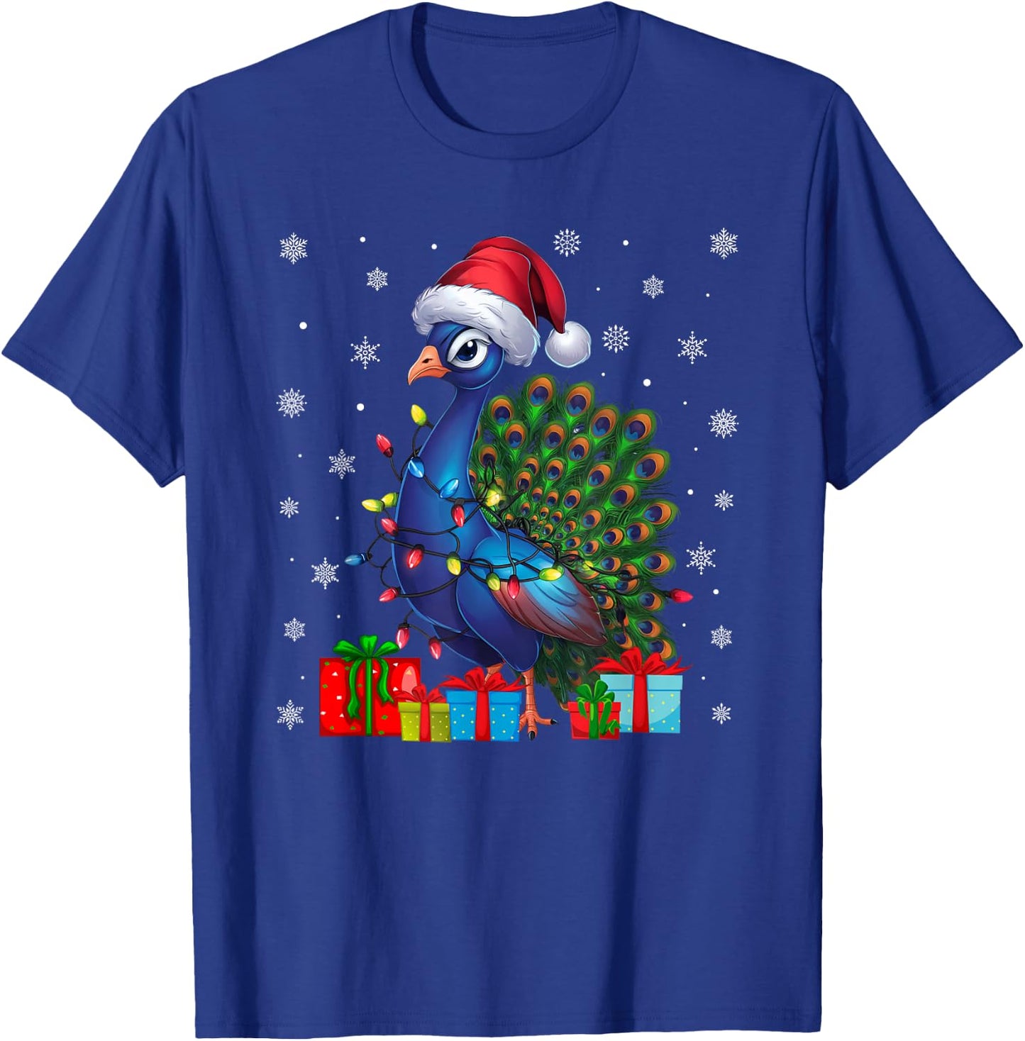 Peacock Ugly Xmas Lights Santa Hat Peacock Christmas T-Shirt - T-Shirt | Royal