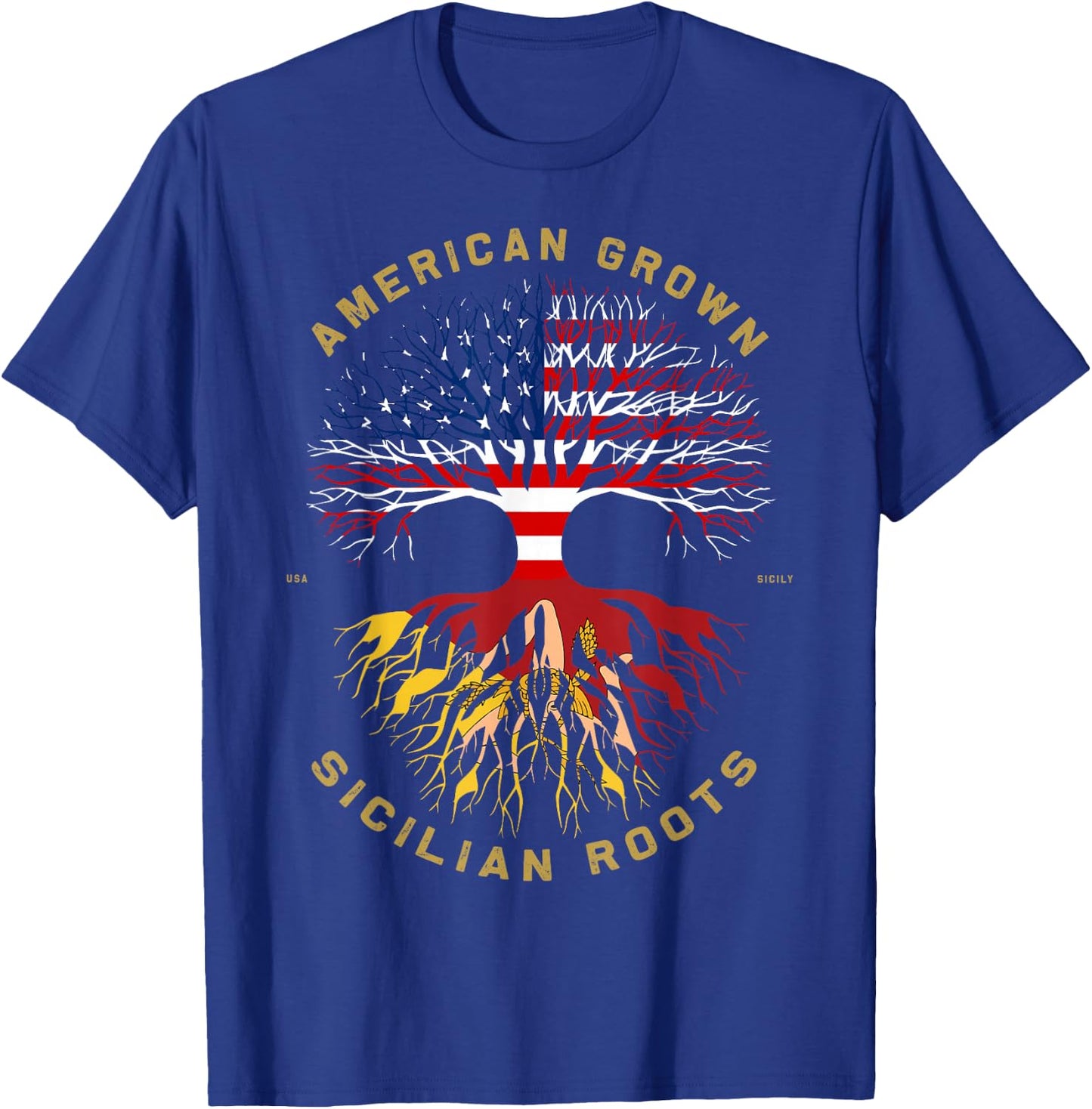 American Grown with Sicilian Roots Tree USA Flag Gifts Idea T-Shirt - T-Shirt | Royal