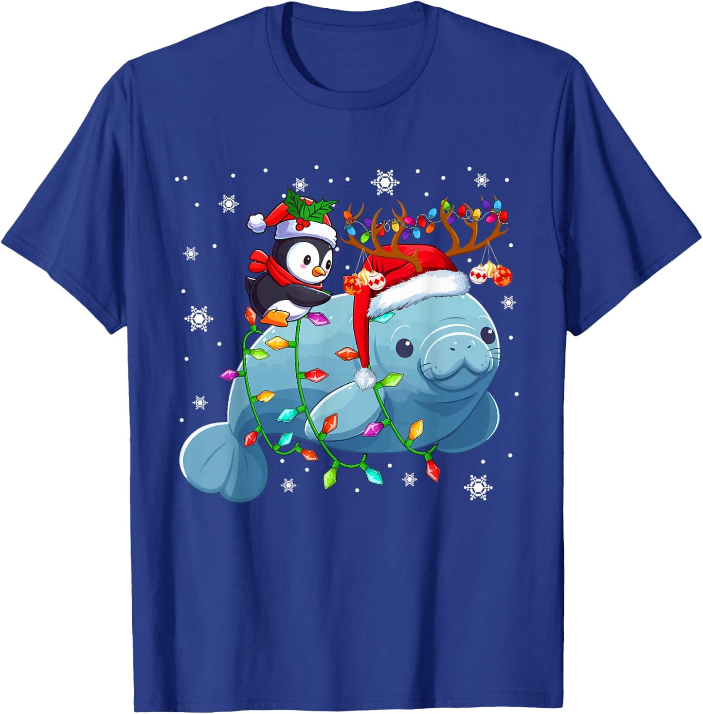 Santa Penguin Riding Reindeer Manatee Christmas Sea Animals T-Shirt - T-Shirt | Royal