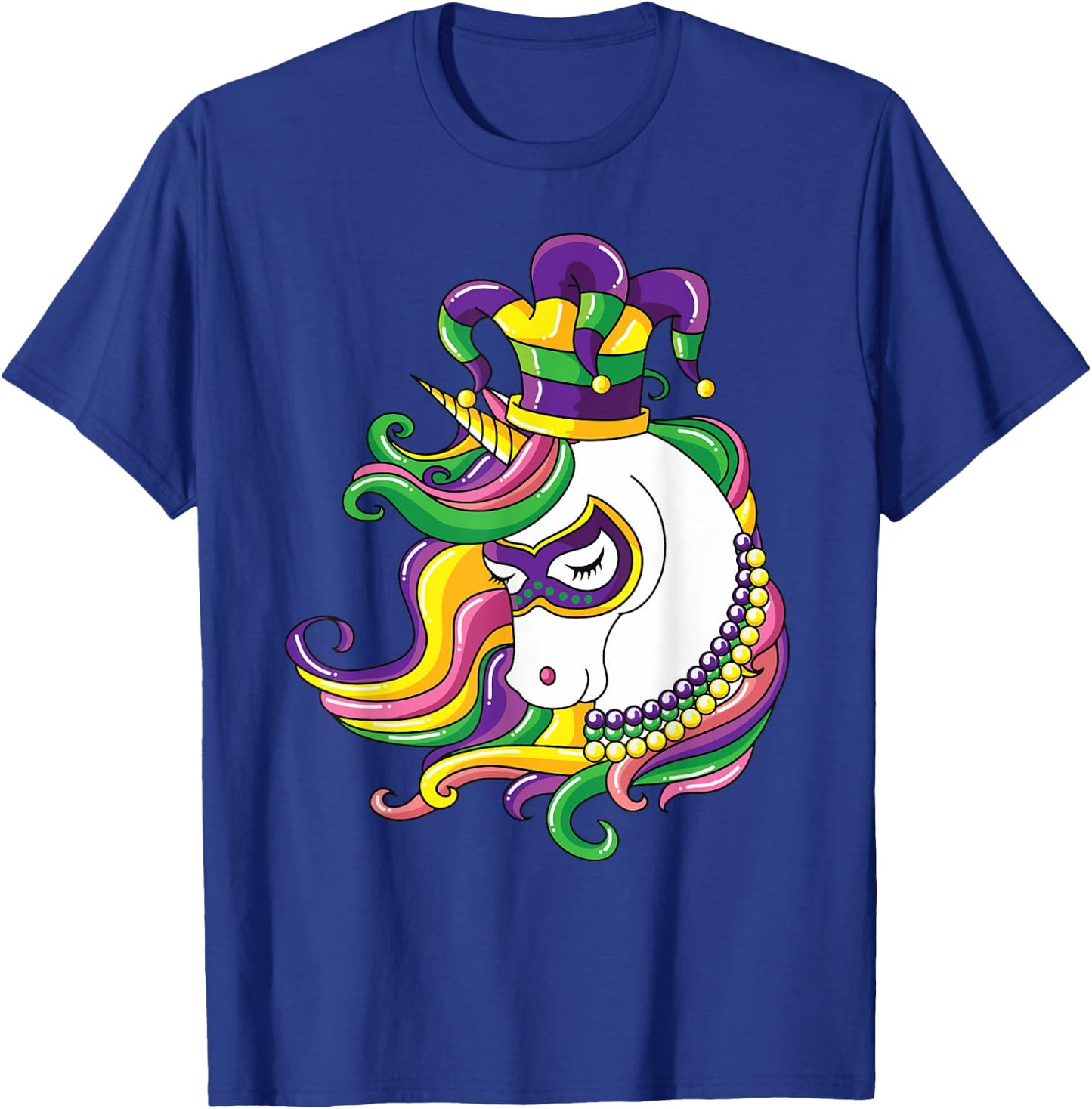 Jester Rainbow Unicorn design Mardi Gras Mask Costume T-Shirt - T-Shirt | Royal