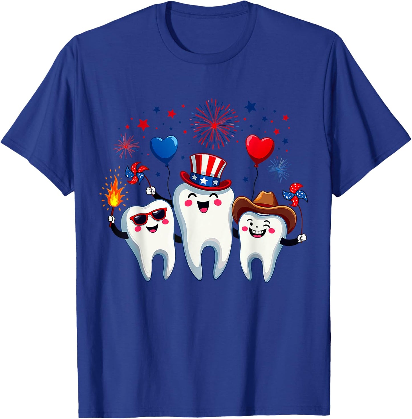 Three Teeth 4th Of July US Flag Firework Dentist Dental Team T-Shirt - T-Shirt | Royal