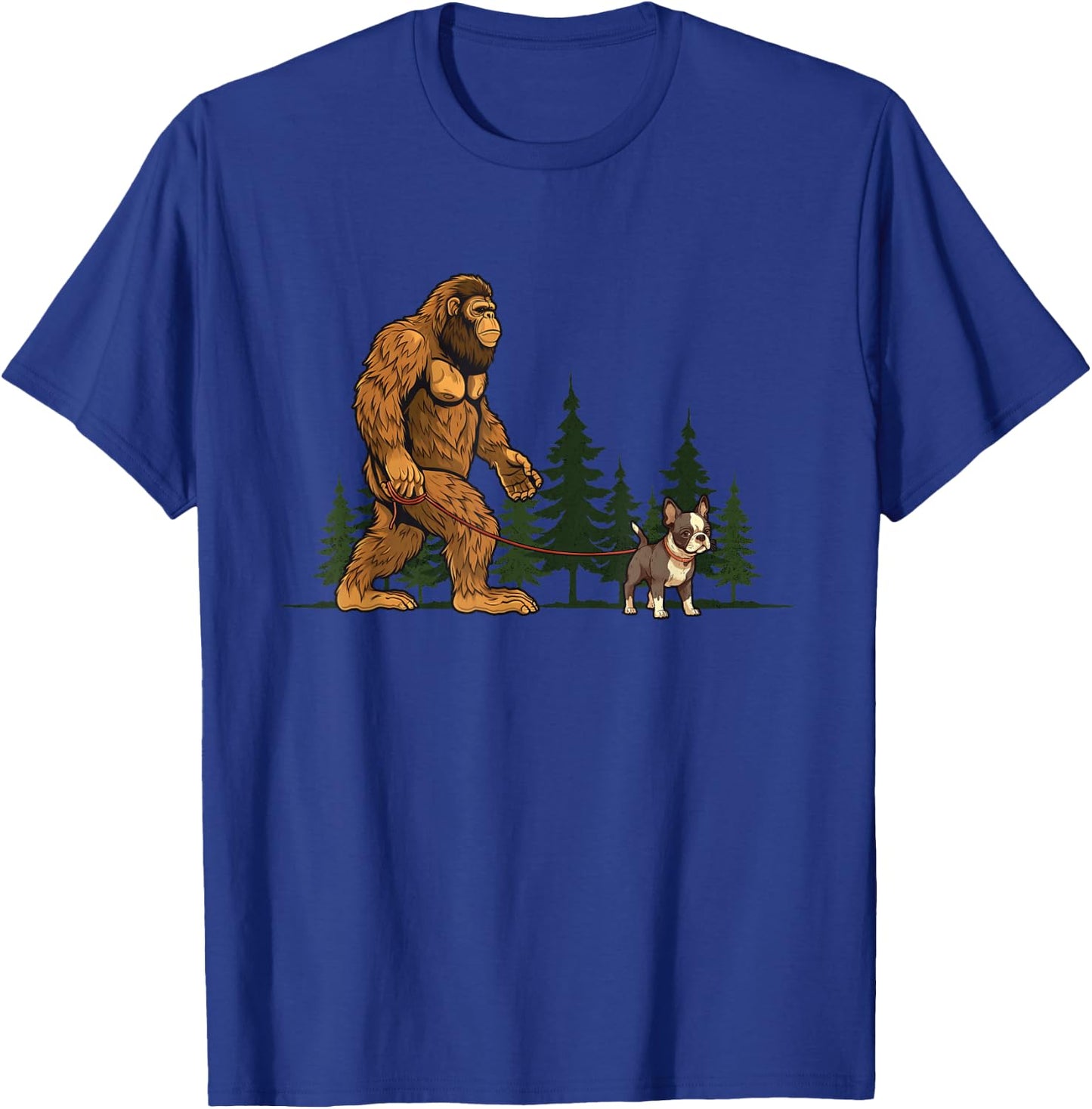 Funny Boston Terrier Bigfoot Dog Walking Dog Mom Dad Kids T-Shirt - T-Shirt | Royal