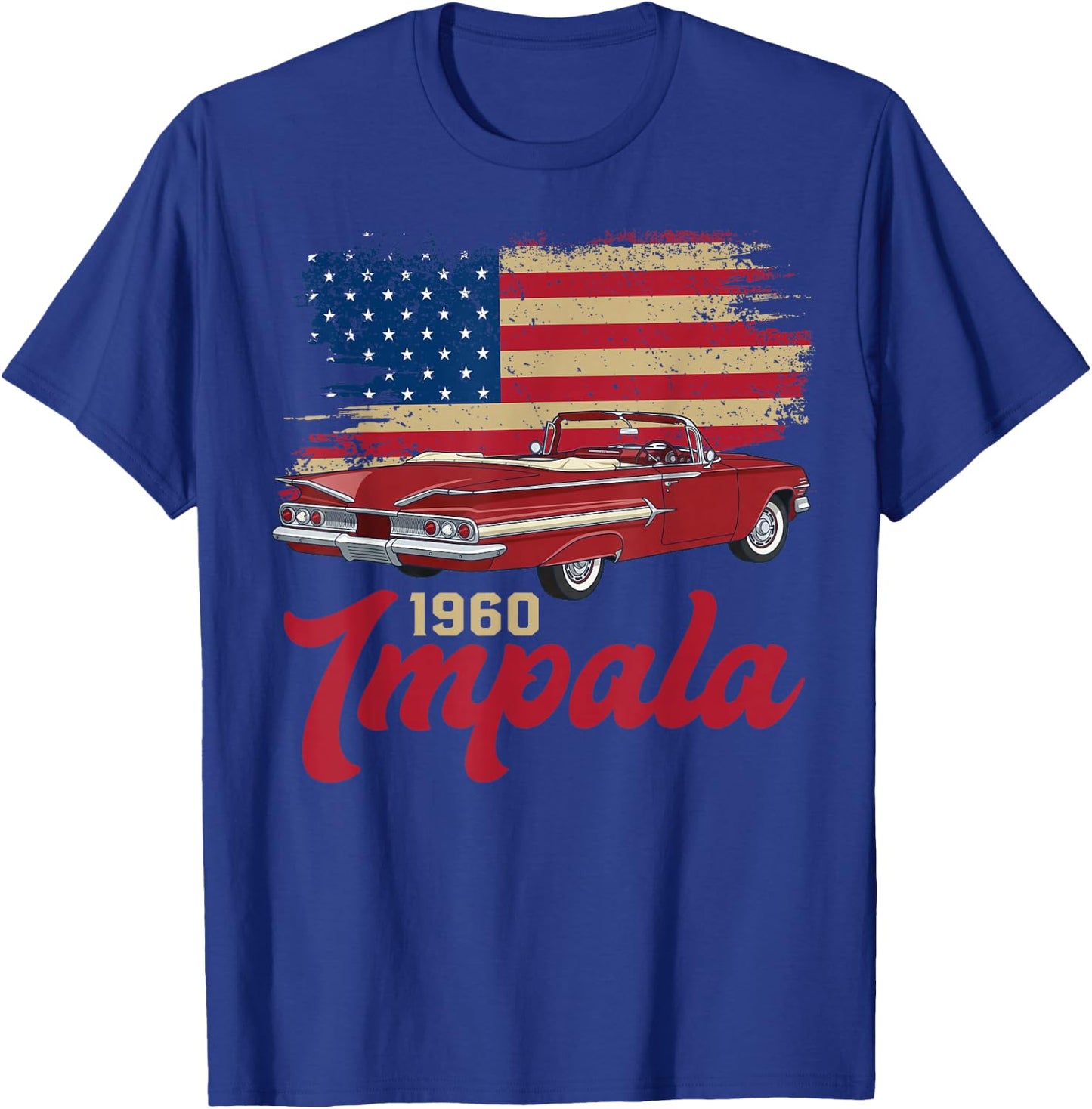 1960 60 Impala Old School Muscle Car American Flag T-Shirt - T-Shirt | Royal