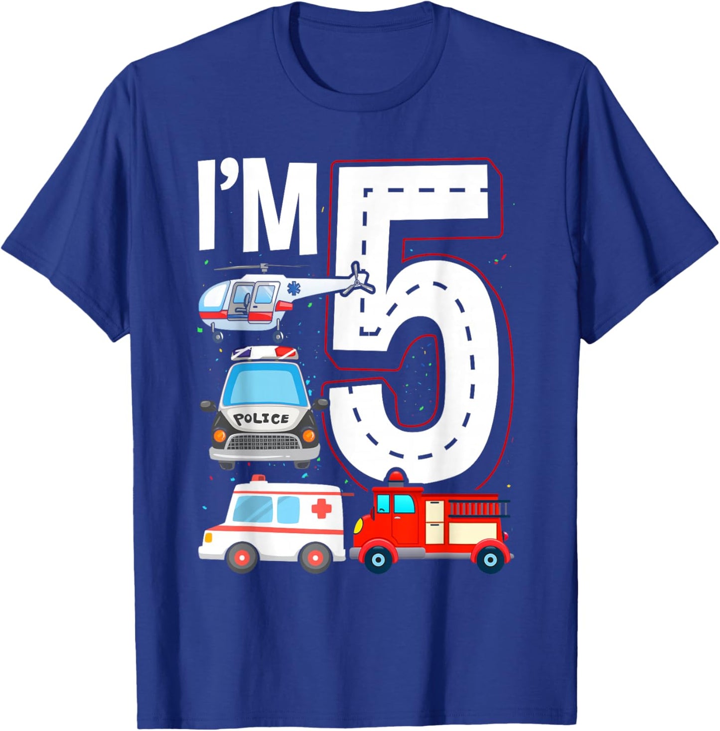 Emergency Vehicles 5th Birthday Fire Truck Police Car Boys T-Shirt - T-Shirt | Royal