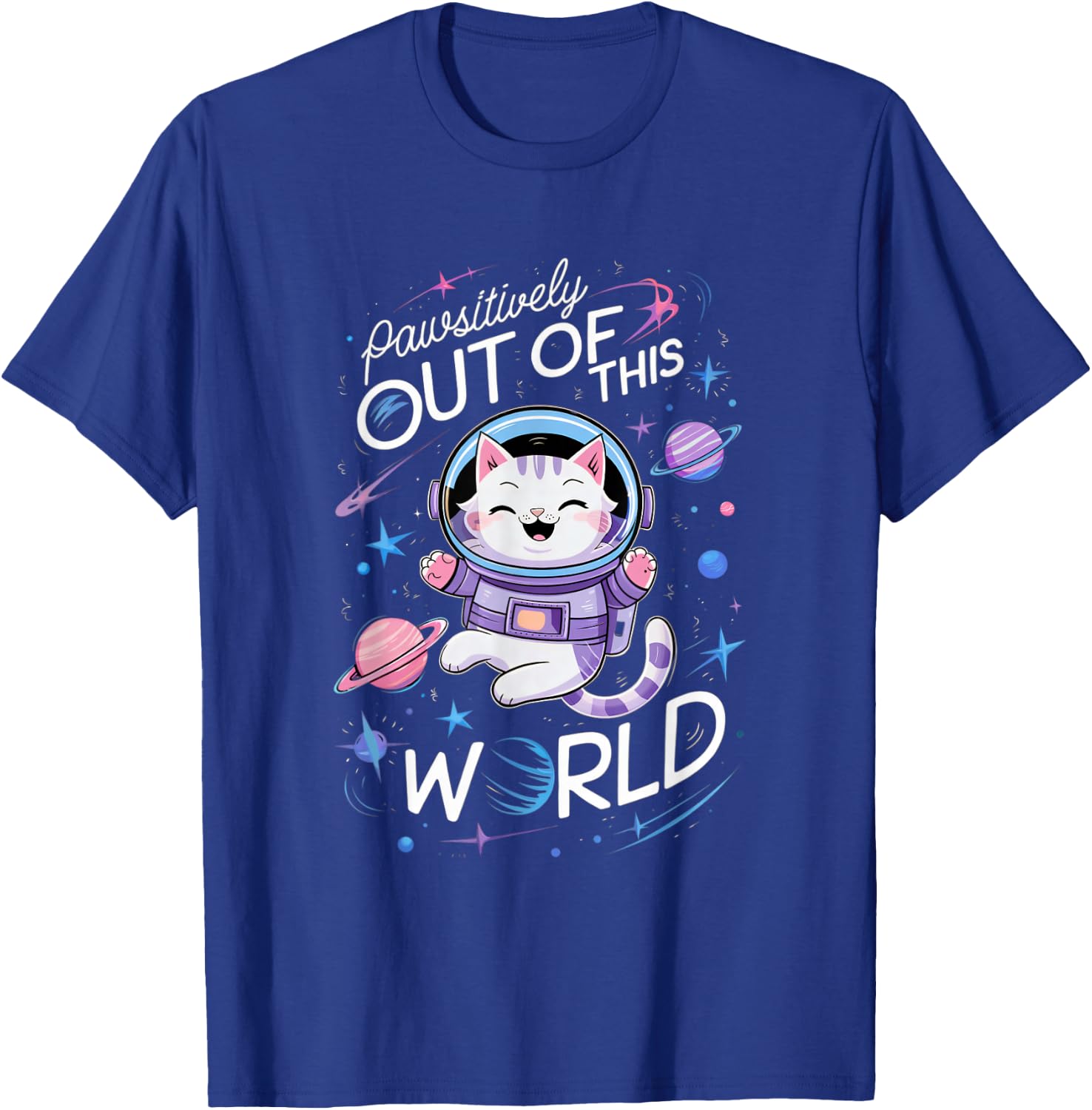 PAWSITIVELY OUT OF THIS WORLD ASTRONAUT CAT | Cute Cat Pun Men Women Kids T-Shirt - T-Shirt | Royal