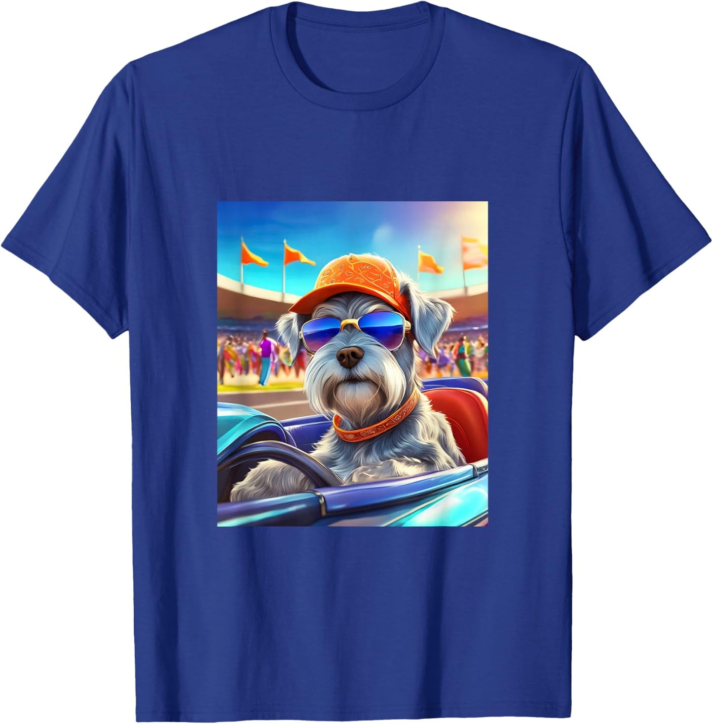 Mini Schnauzer Dog Driving Sports Race Car T-Shirt - T-Shirt | Royal