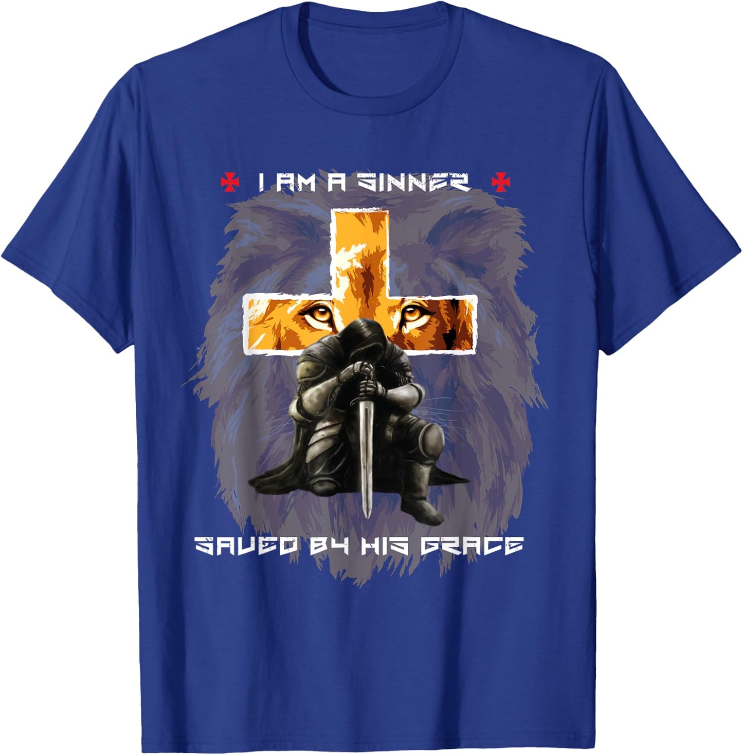 Sinner Saved By Gods Grace Christian Messages Lion Cross T-Shirt - T-Shirt | Royal