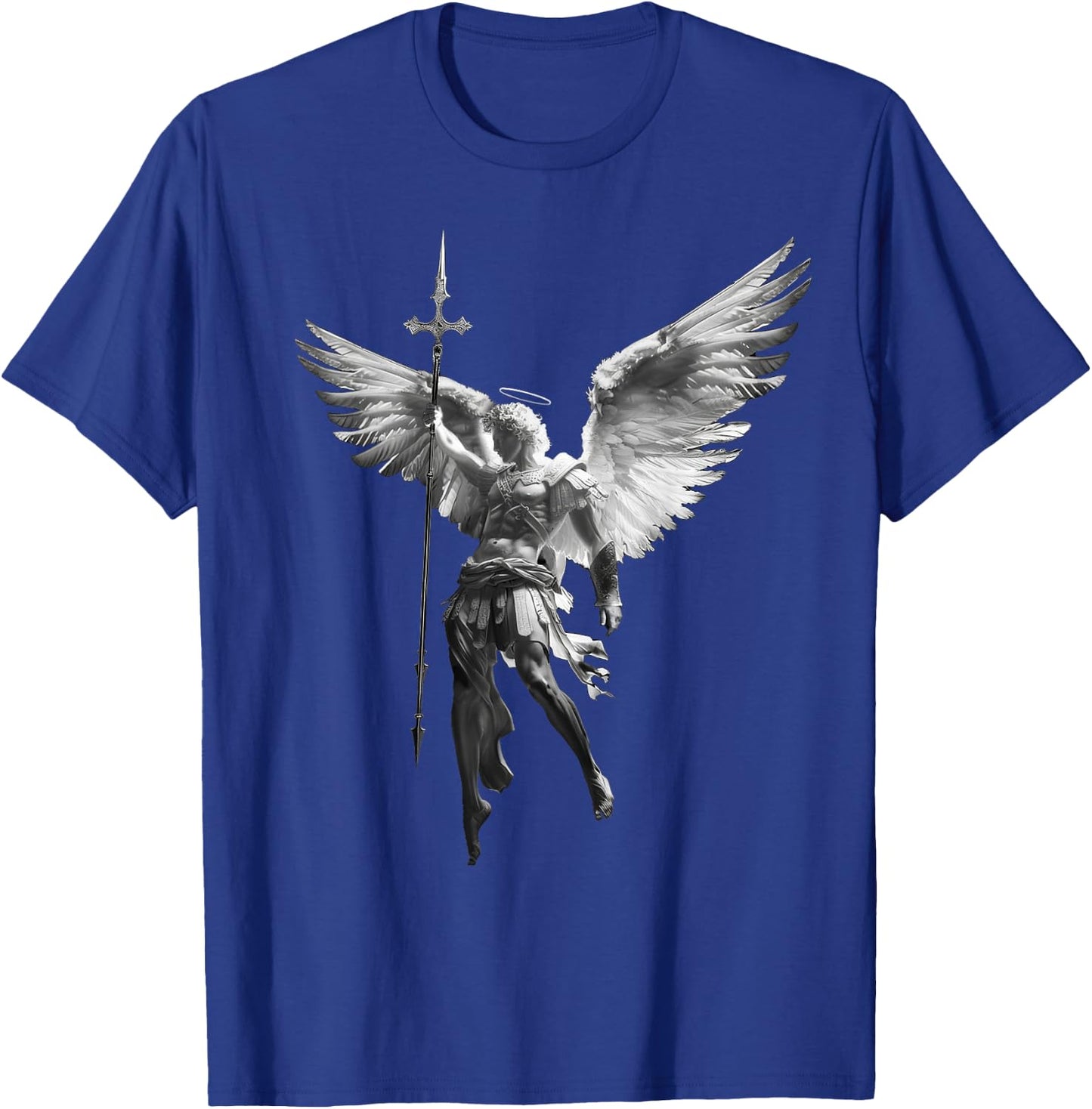 with German Text "Gottes Engel Michael Archangel with Spear Cross and Wings, black T-Shirt - T-Shirt | Royal