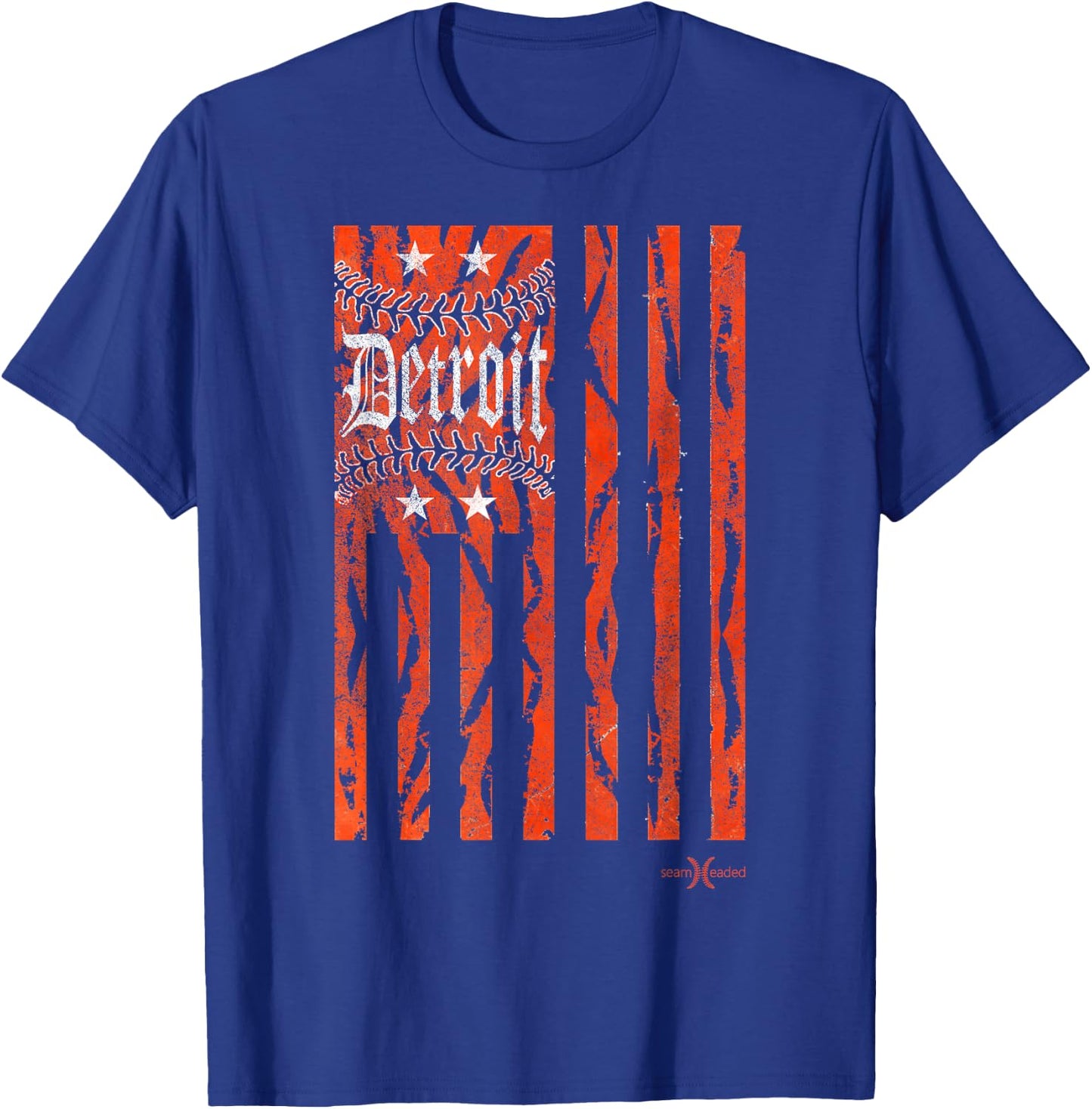 Vintage Detroit Baseball Flag with Tiger Stripes T-Shirt - T-Shirt | Royal