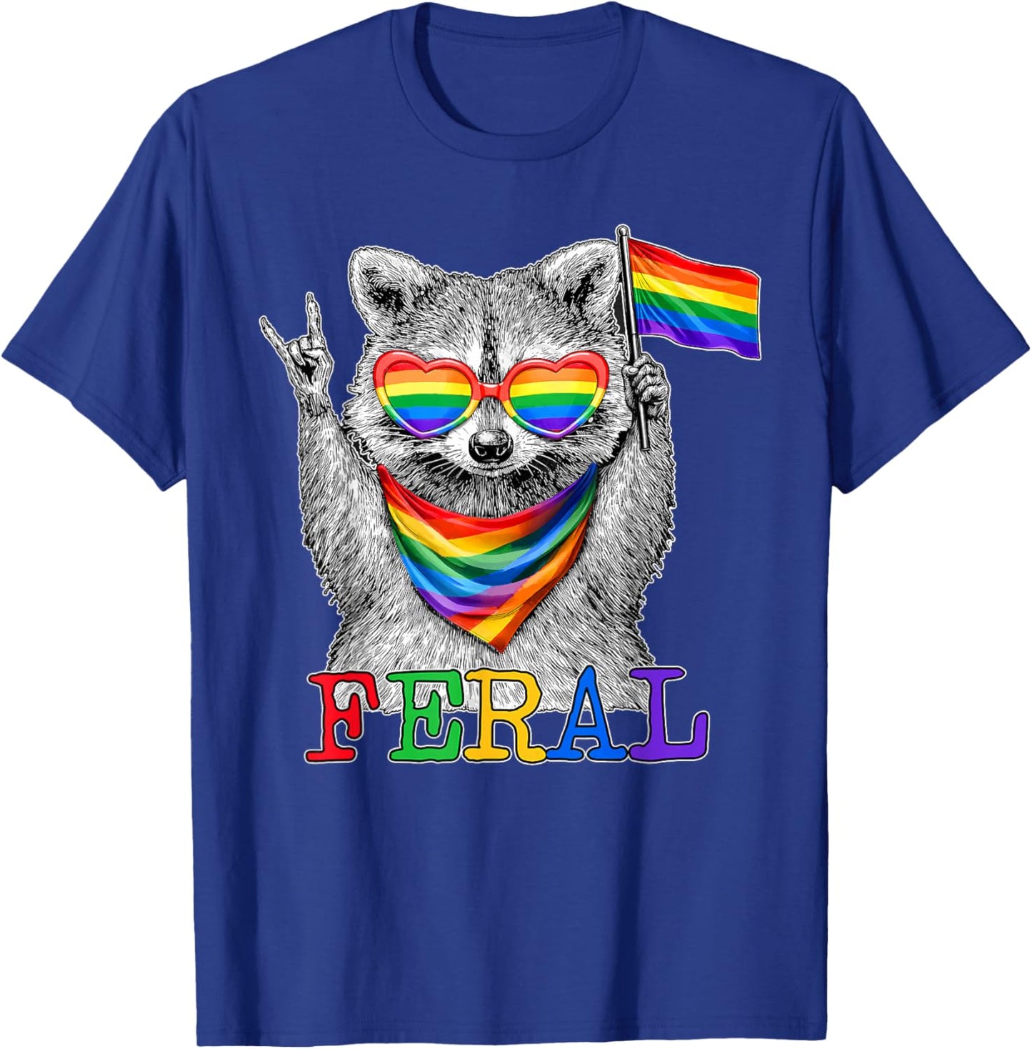 Pride LGBT Feral Raccoon Rainbow Flag Sunglasses Men Women T-Shirt - T-Shirt | Royal
