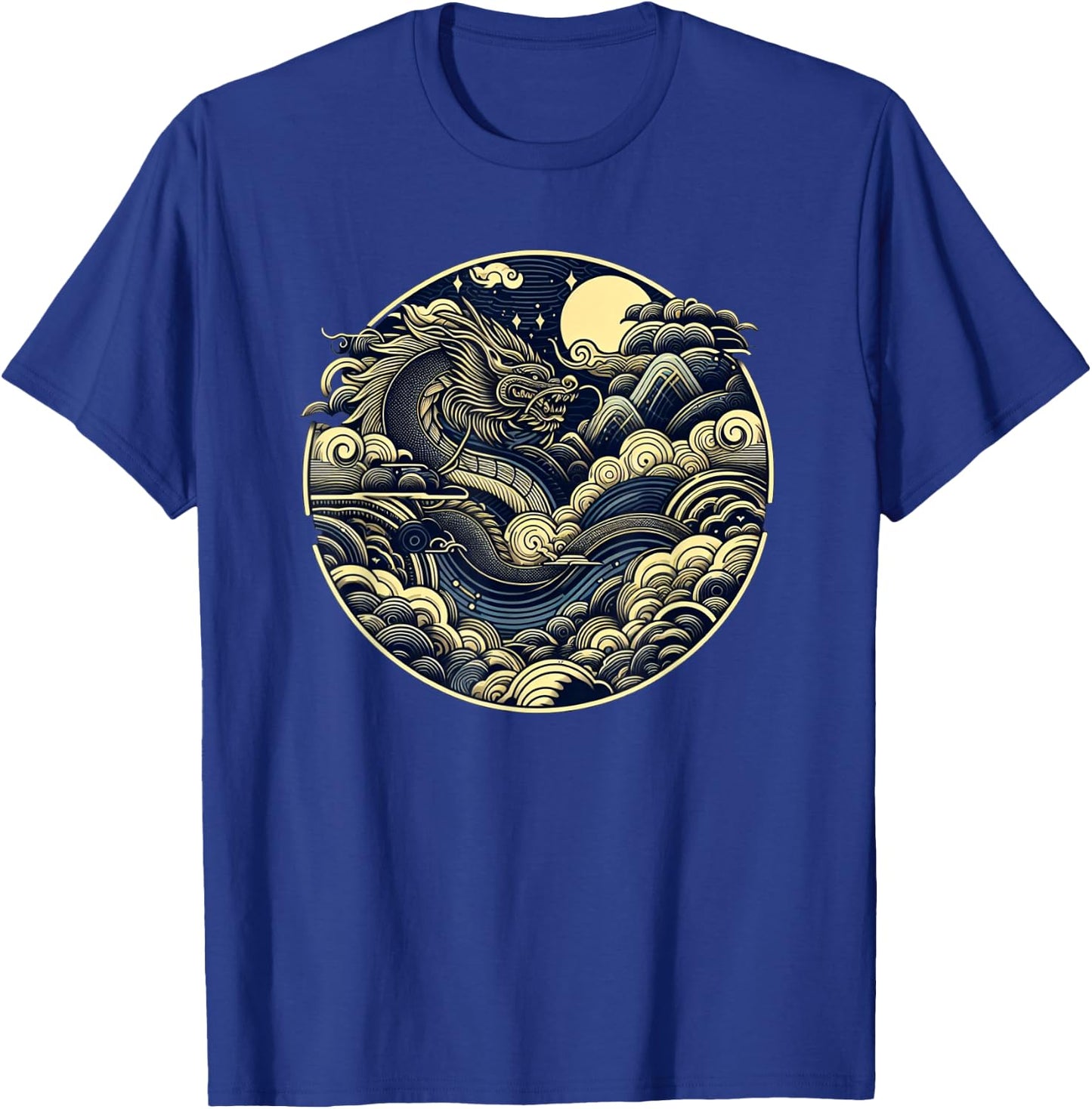 Japanese Dragon Moon Waves Ukiyo-e Style Circular Graphic T-Shirt - T-Shirt | Royal