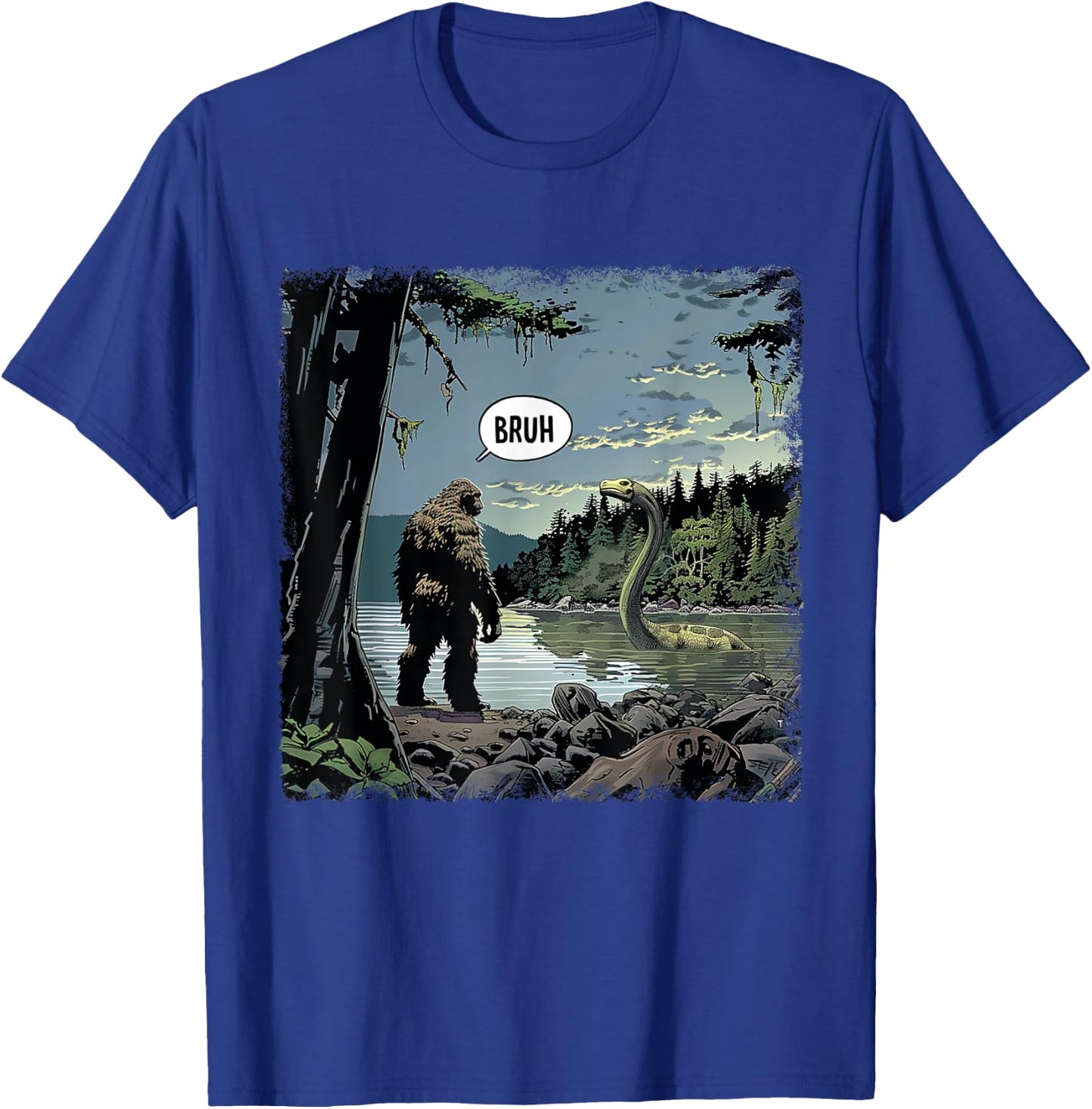 Classic Loch Ness Monster With Bigfoot Funny Animal Happily T-Shirt - T-Shirt | Royal