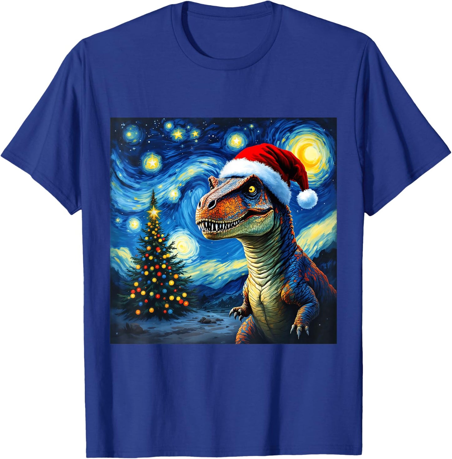 Christmas Dinosaur Santa Hat Van Gogh Starry Night Holiday T-Shirt - T-Shirt | Royal