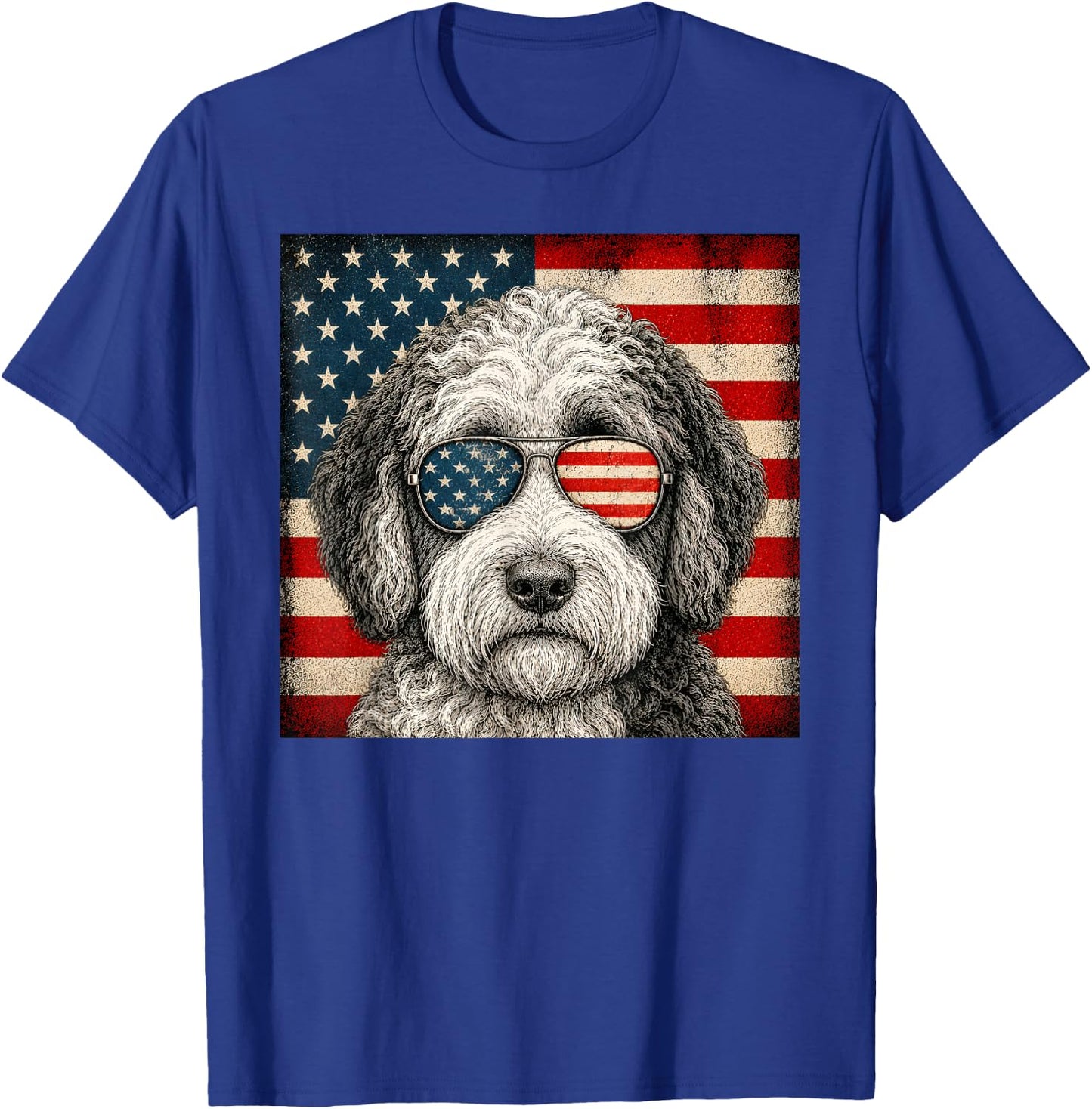 Sheepadoodle 4th of July US American Flag Dog Patriotic T-Shirt - T-Shirt | Royal