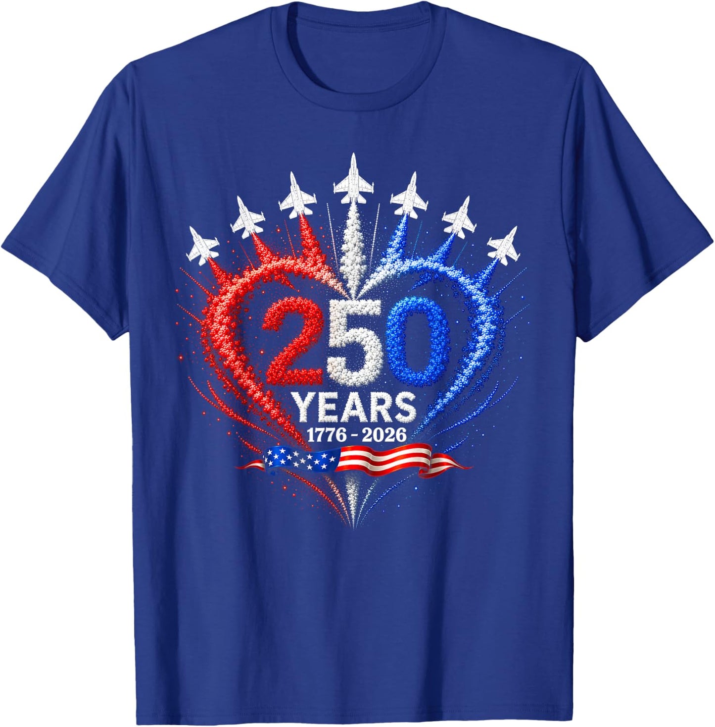 4th of July American Flag 250 Years of Freedom Heart Jets T-Shirt - T-Shirt | Royal