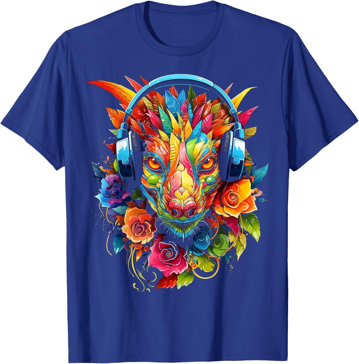 Dragon Headphones Art Colorful Flowers Graphic Anime T-Shirt - T-Shirt | Royal