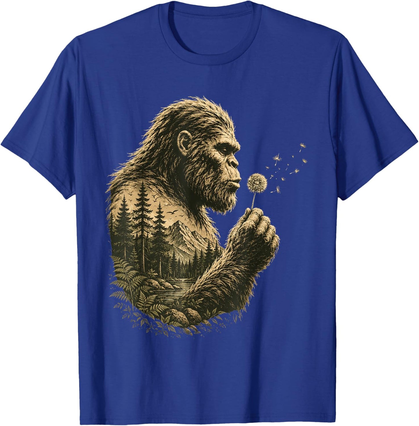 Bigfoot Blowing Dandelion Vintage Sasquatch Nature Men Women T-Shirt - T-Shirt | Royal
