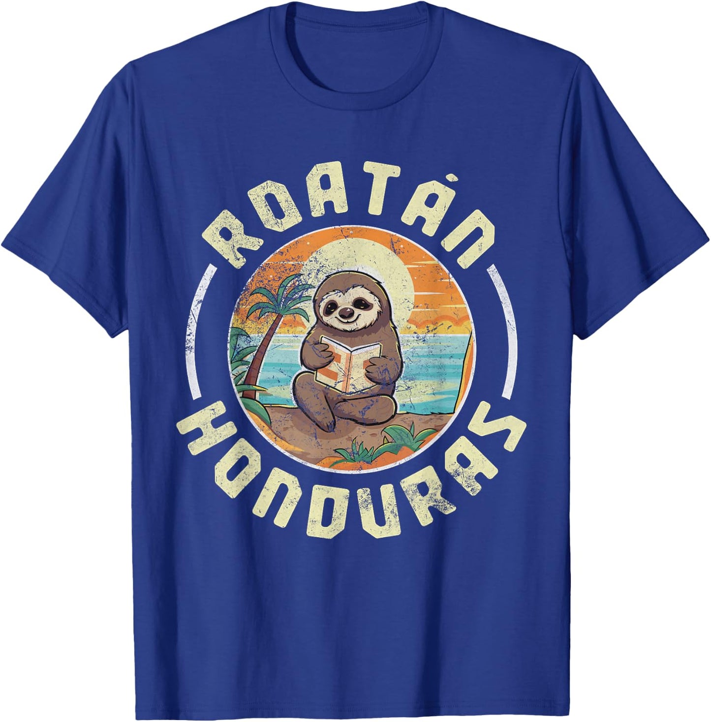 Roatan Honduras Vacation Sloth Beach Summer Distressed T-Shirt - T-Shirt | Royal
