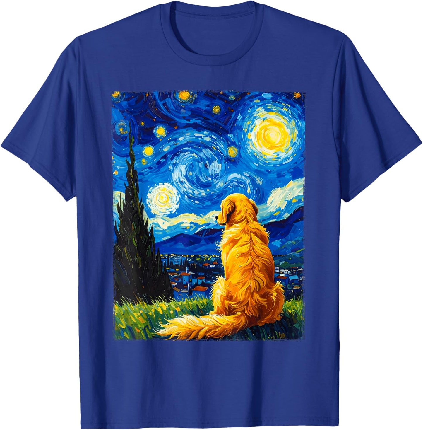 Van Gogh Starry Night Painting Golden Retriever Dog T-Shirt - T-Shirt | Royal
