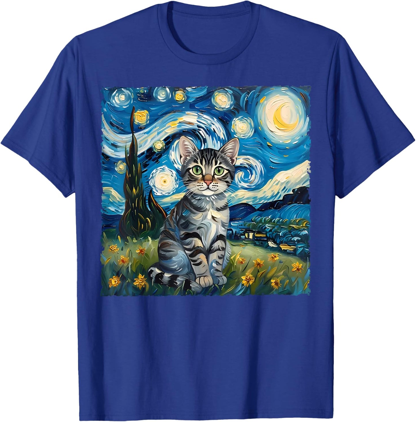 Van Gogh Style Funny Gray Tabby Tiger Cat Lover Starry Night T-Shirt - T-Shirt | Royal