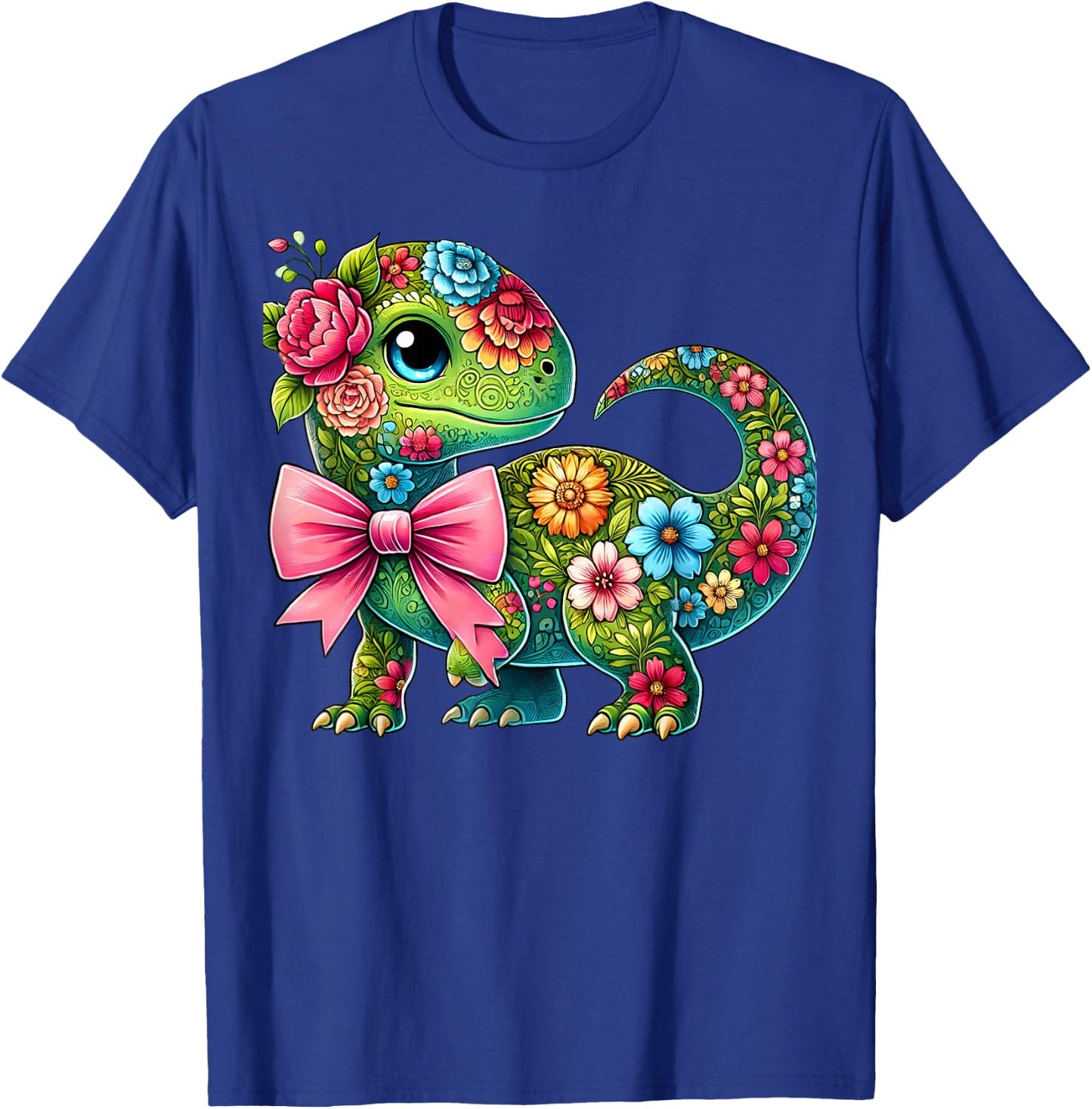 Floral Dinosaur Flower Cute Coquette Bow Graphic Women Girls T-Shirt - T-Shirt | Royal