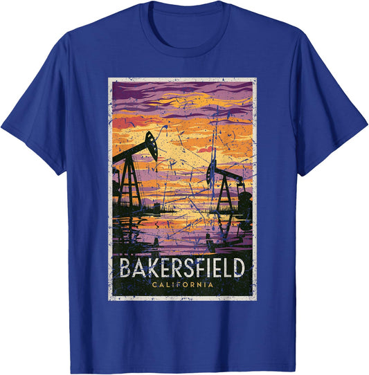 Bakersfield Sunset Oil Fields Retro Travel Art Print T-Shirt - T-Shirt | Royal