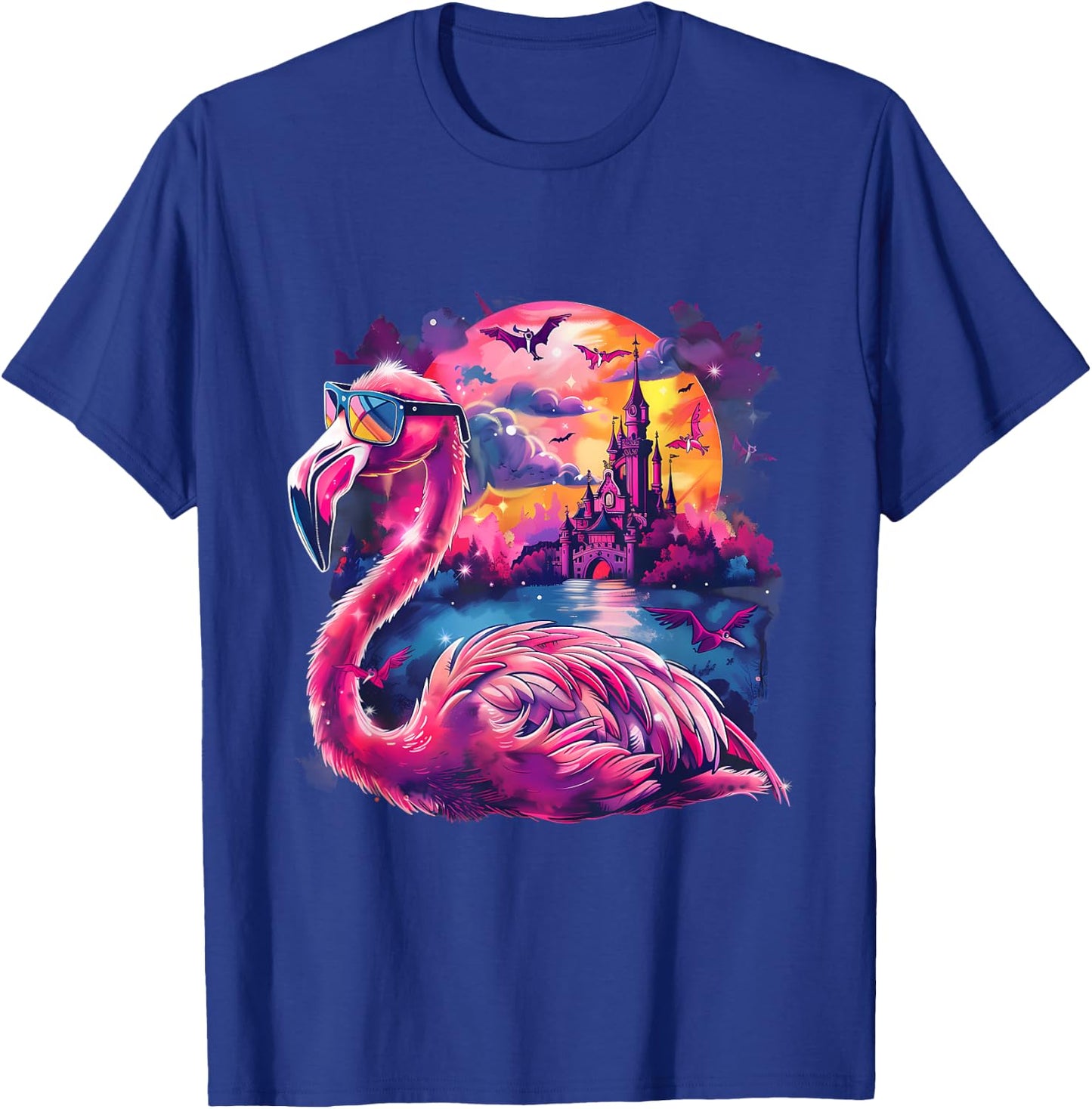 Halloween Flamingo Bats Haunted Castle Trick Or Treat Moon T-Shirt - T-Shirt | Royal